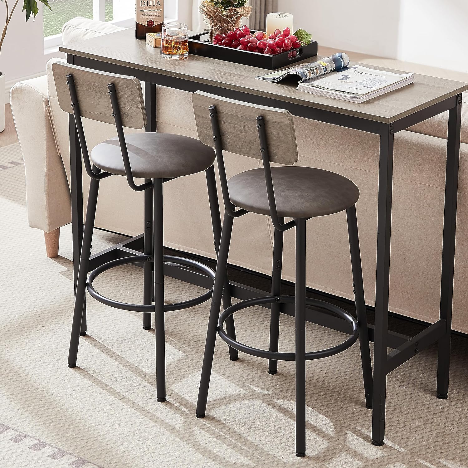 Juego con 2 taburetes de bar PU asiento suave con respaldo y reposapiés, sala de estar, comedor y espacios pequeños, fácil de montar, gris, mesa y