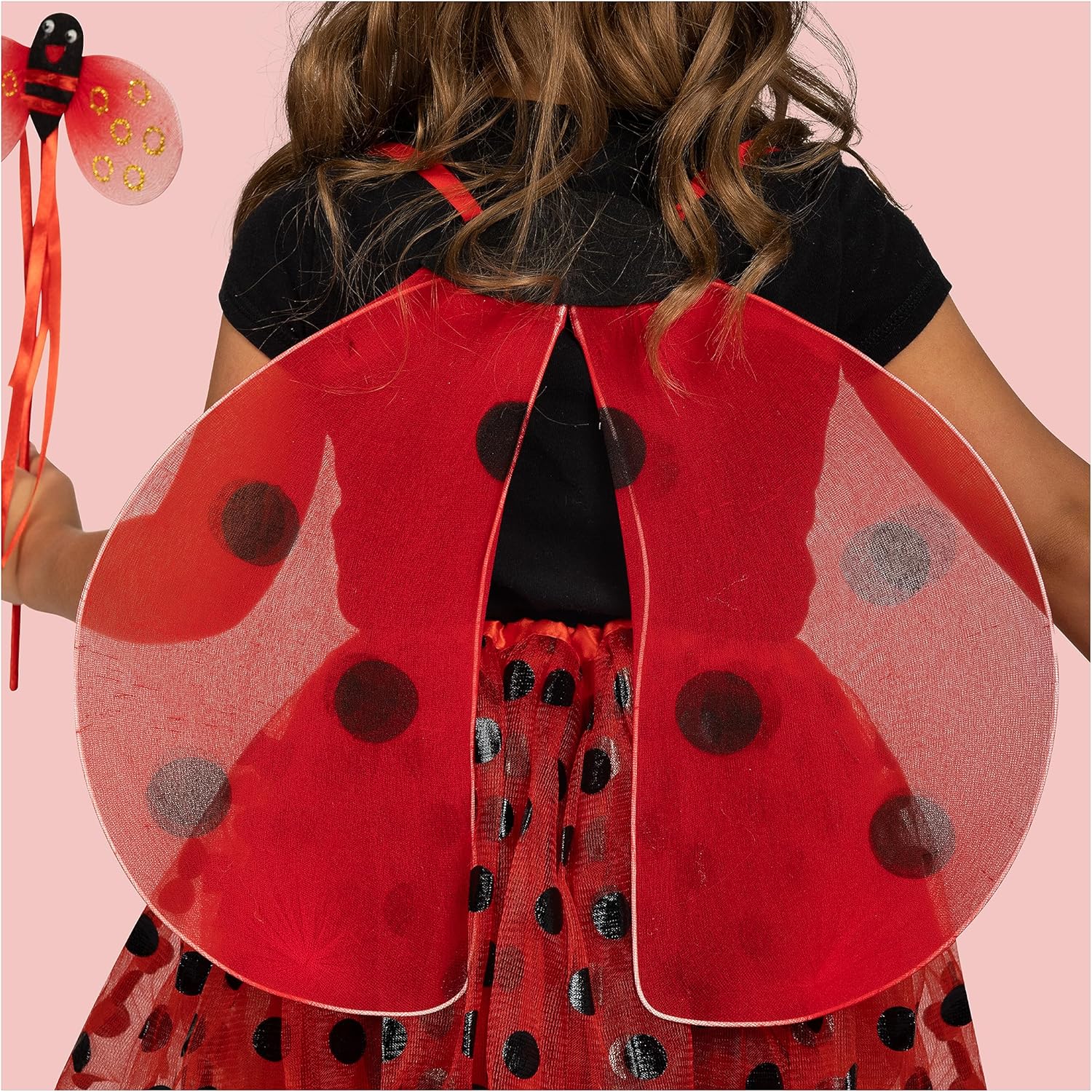 Spooktacular Creations Conjunto de disfraz de mariquita roja con tutú, alas de mariposa, varita mágica, diadema, tutú de mariquita de lunares para