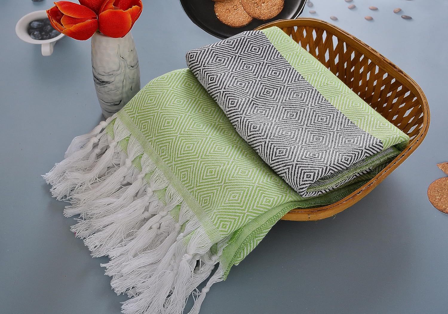 Toalla turca de playa y baño 100% algodón, 30 x 60 pulgadas, sin arena, ligera, de secado rápido (verde manzana con azul índigo)
