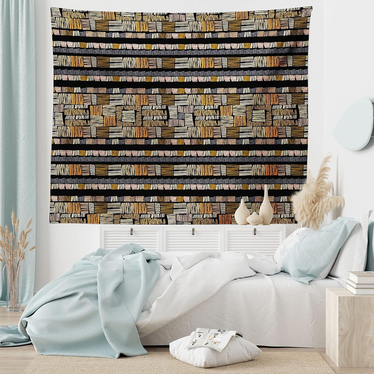 Ambesonne Tapiz africano, patrón tradicional dibujado a mano en estilo grunge, estampado a rayas, colgante de pared ancho para dormitorio, sala de