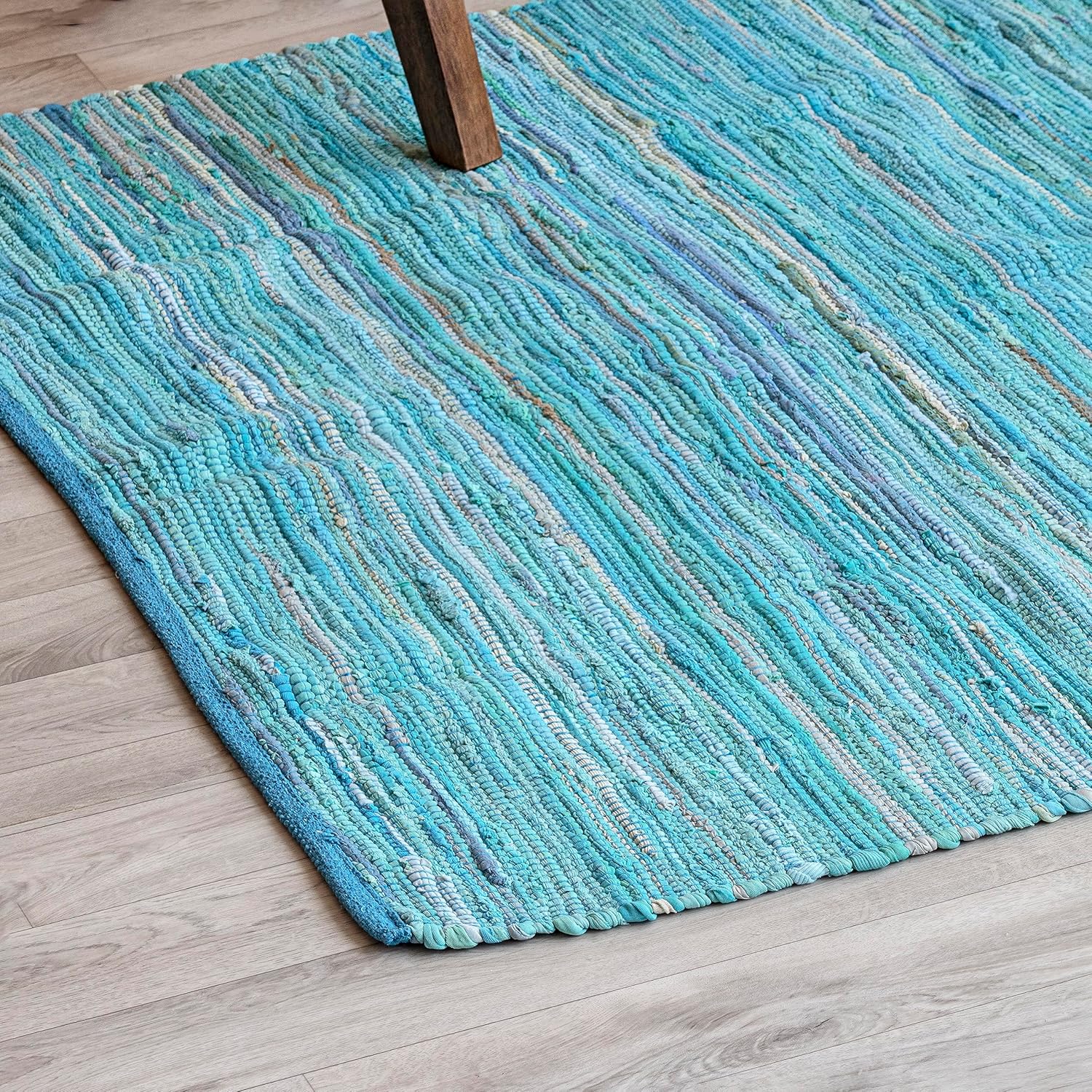 HOMEMONDE Home Collection Alfombra de trapo, tejida a mano, color verde azulado, 4 x 6 pies, alfombra Chindi de algodón reciclado para sala de