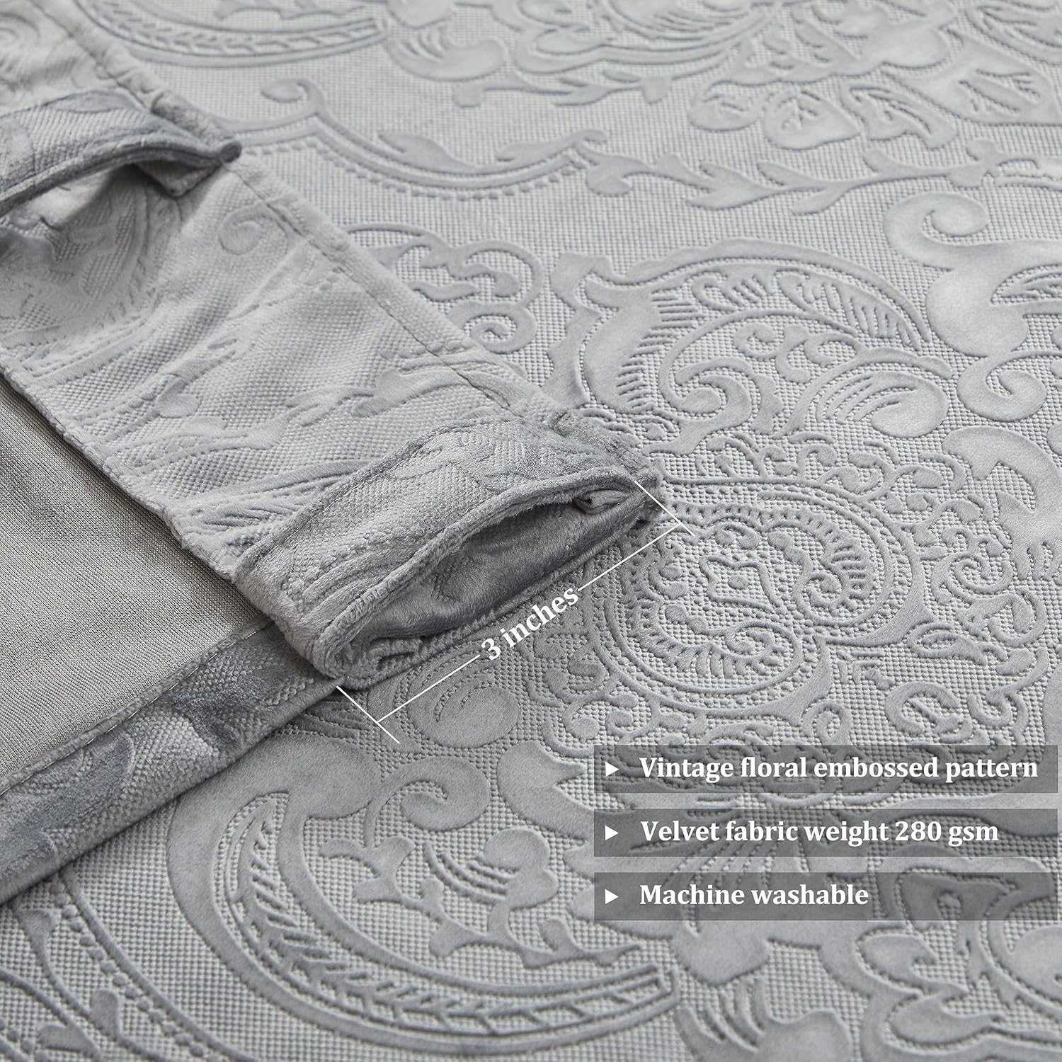 GIGIZAZA Cortinas de terciopelo gris de 96 pulgadas de largo para sala de estar, 2 paneles de cortinas bohemias de lujo con estampado de flores en