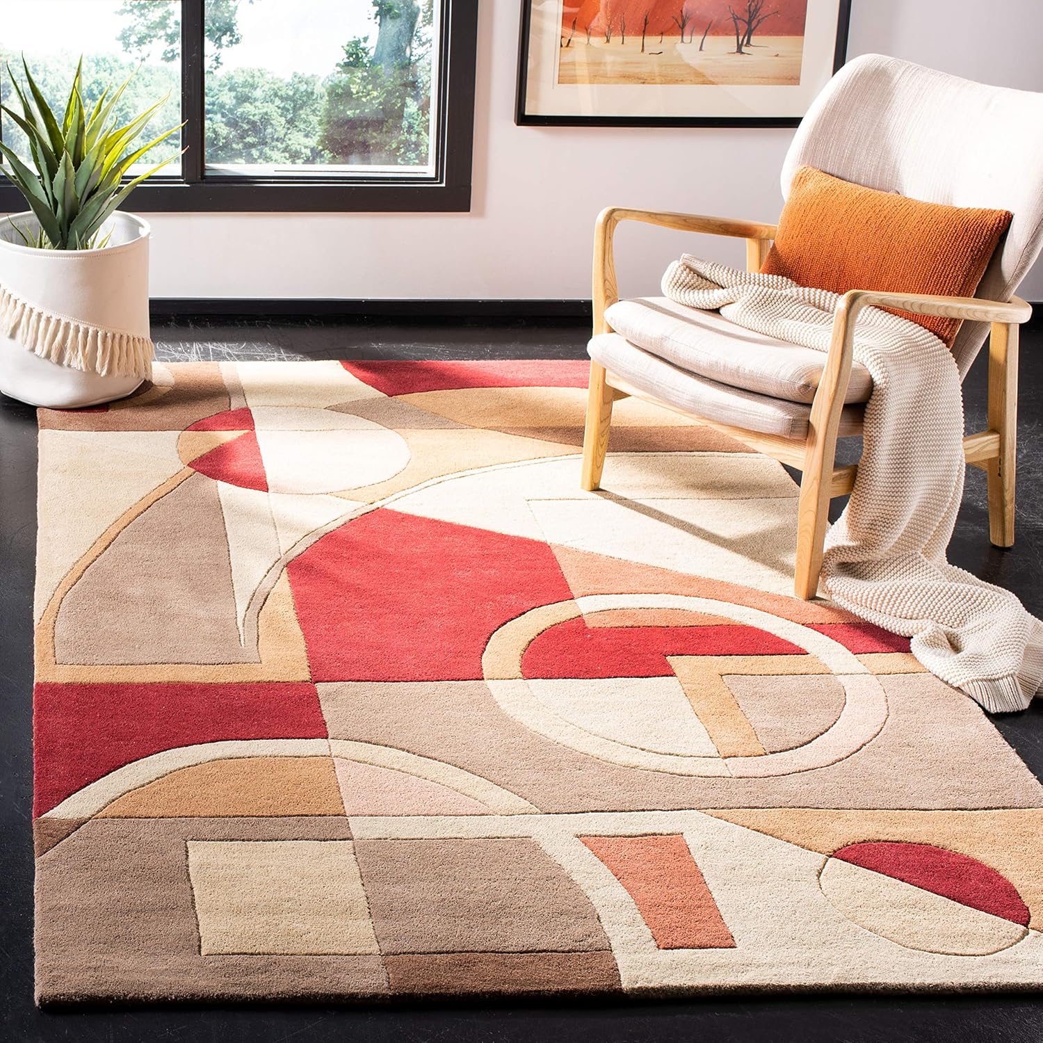 SAFAVIEH Rodeo Drive Collection RD845A – Alfombra cuadrada de lana de 4 pies cuadrada beigemulti hecha a mano de mediados de siglo, moderna,