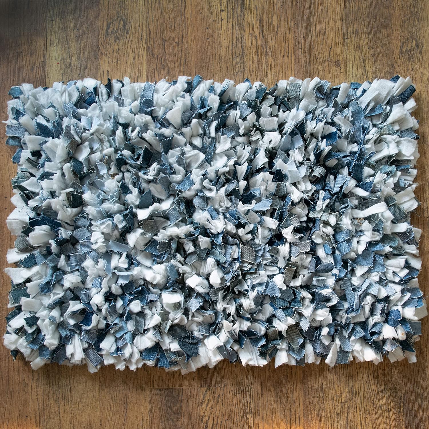 Chardin home Rainbow Shag Rug Denim Blues and White  Boho Rug for Bedroom, Kitchen, Entrance Bathroom and More  Recycled Rag chindi Shaggy Rug 20×30