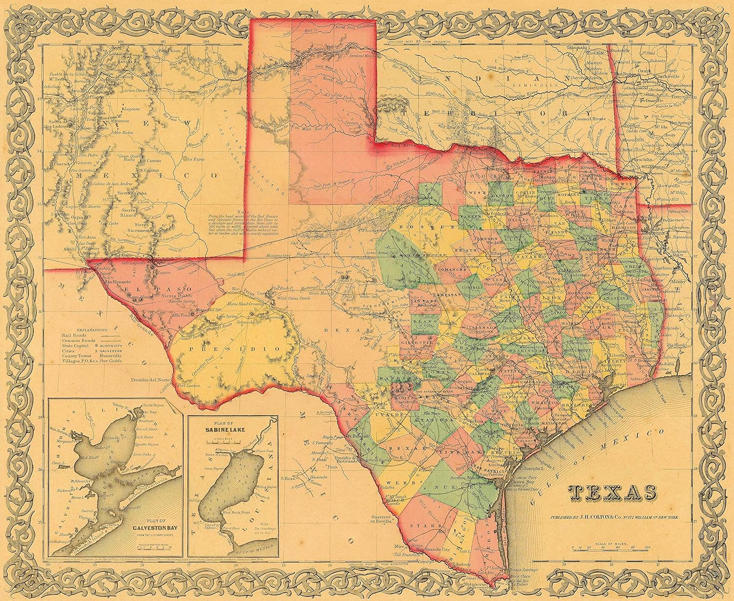 1855 Mapa del condado de Texas por J.H. Colton