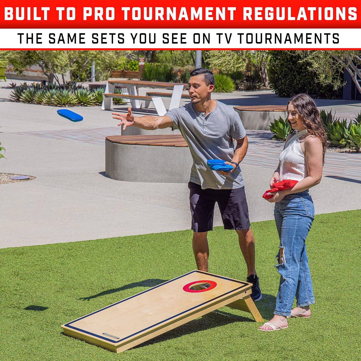 GoSports Tournament Edition – Juego de cornhole reglamentario  Tablas de madera de 4 x 2 pies con 8 bolsas de frijoles de doble cara (deslizantes y