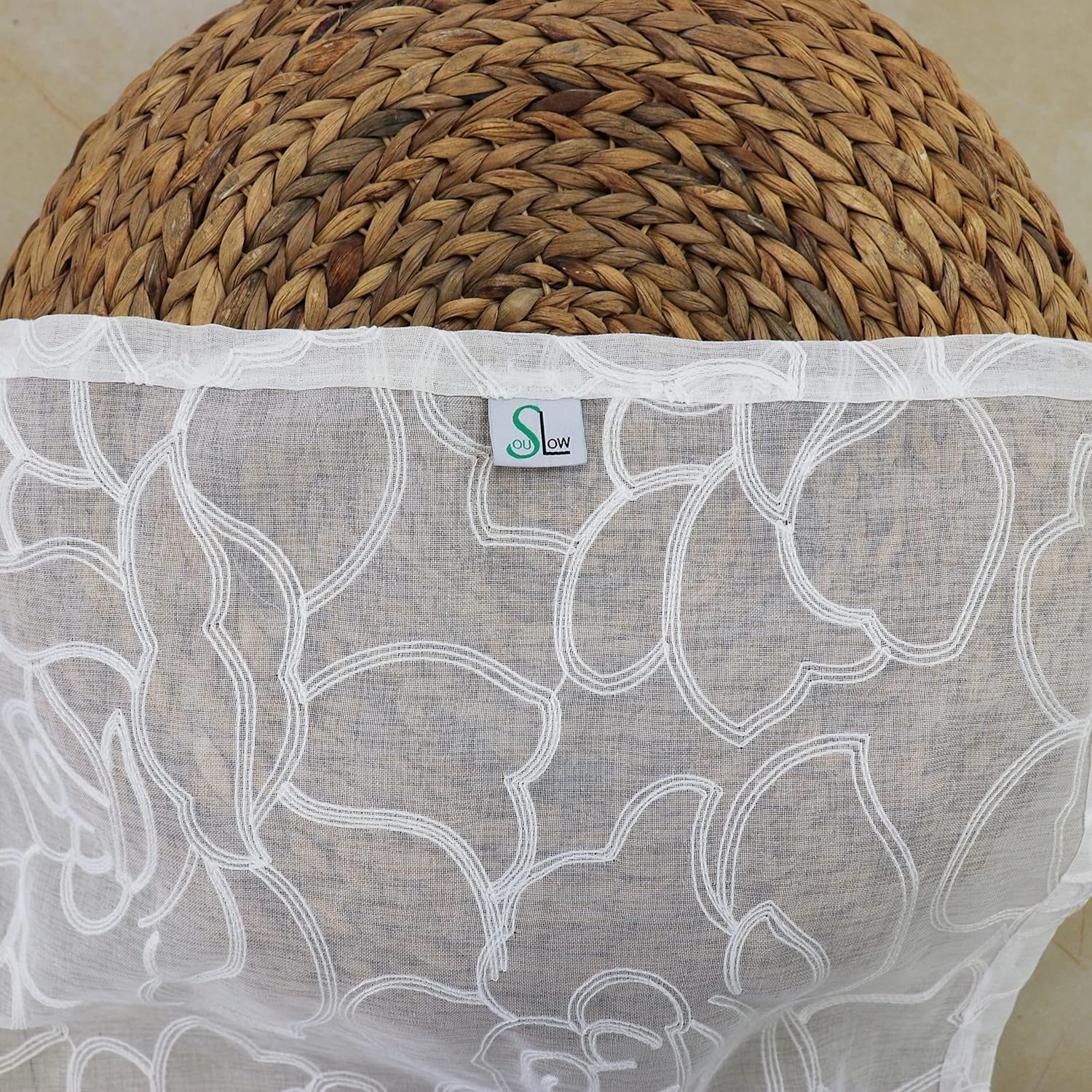 SLOW SOUL Juego de 2 paneles de cortinas traslúcidas con rosas blancas, de lino sintético, semitransparentes, con bordado floral, cortinas para