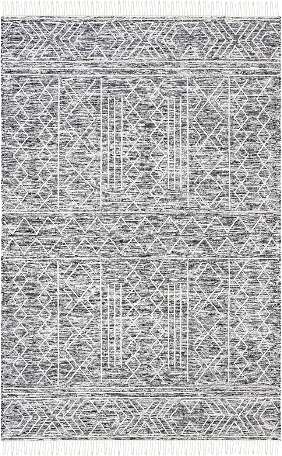 SAFAVIEH Kilim Collection – Alfombra de área de 5 x 8 pies, negro y marfil, lana marroquí con flecos, hecha a mano, ideal para zonas de alto tráfico