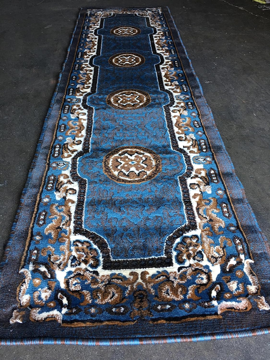 Kingdom Alfombra de pasillo tradicional azul marrón diseño persa D123 (2 pies x 7 pies)