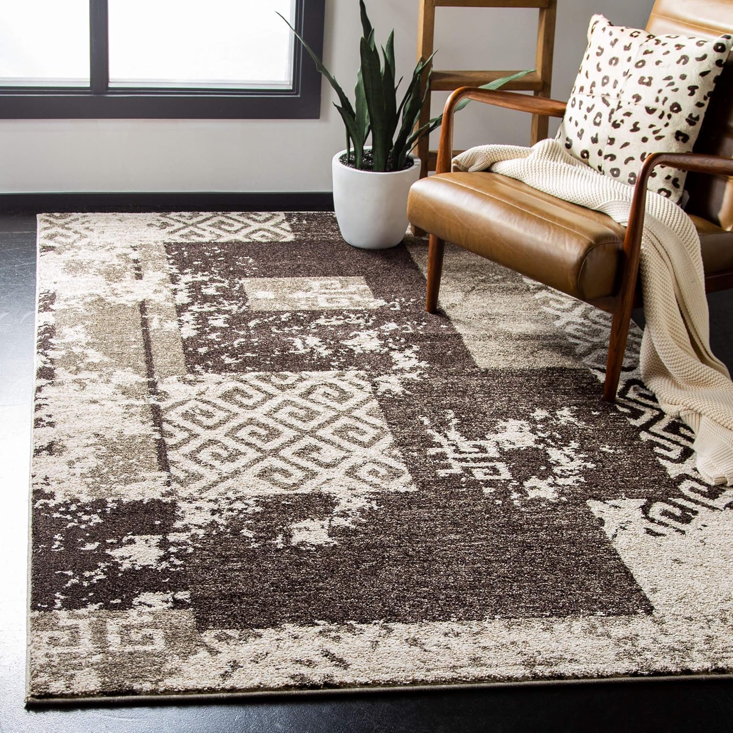 SAFAVIEH Retro Collection – Alfombra de área de 8 x 10 pies, color crema y marrón, diseño abstracto moderno, no desprende pelusa y de fácil cuidado,