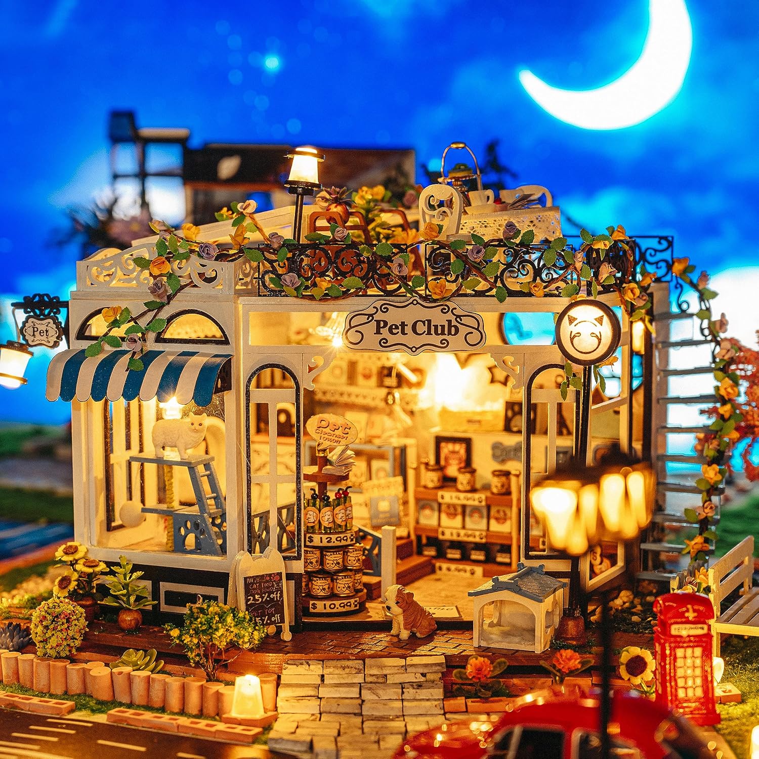 Hands Craft Kit de casa de muñecas en miniatura de bricolaje  Pet Club Store Modelo 3D Edificio de casa pequeña con luces LED, piezas de