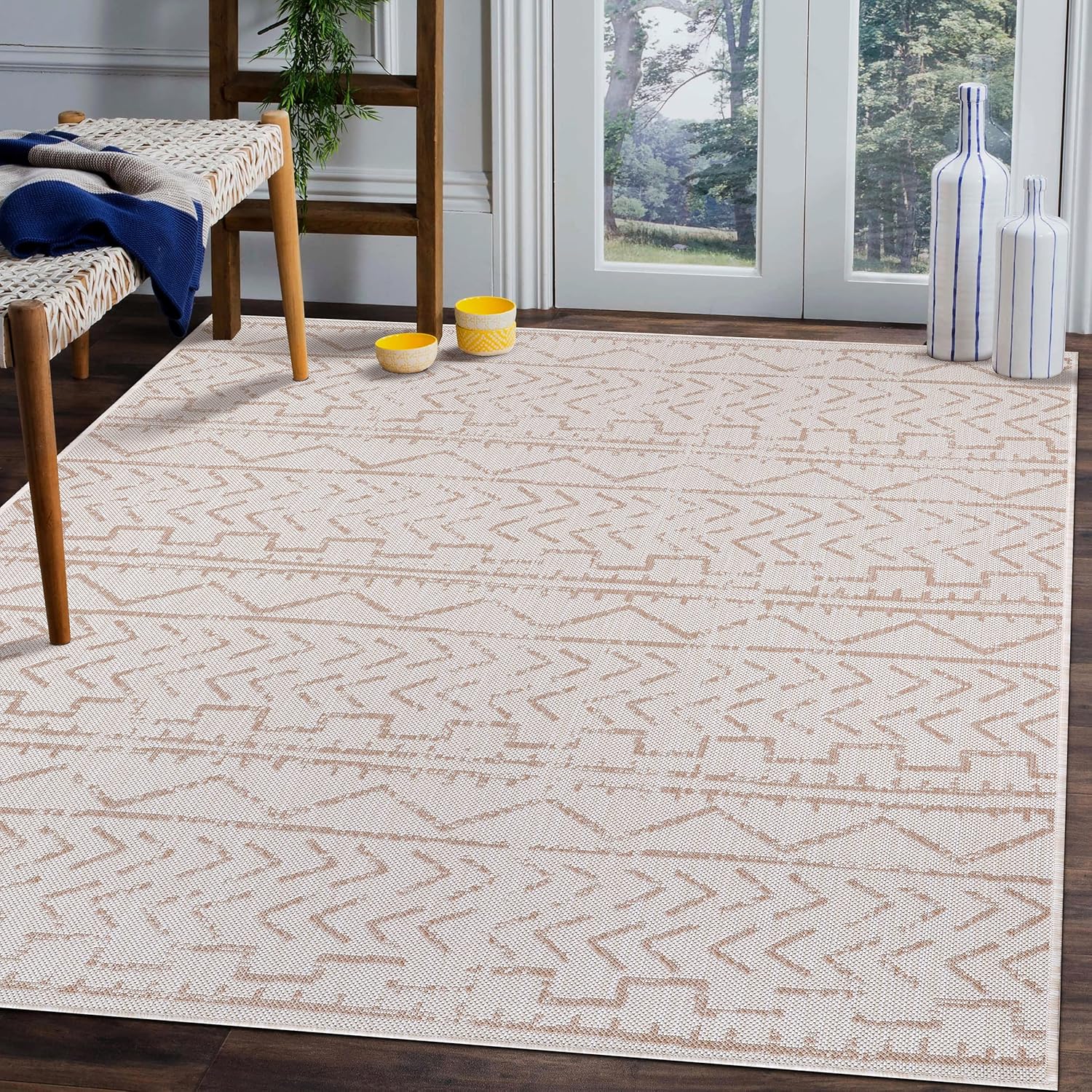 Beverly Rug Waikiki Collection  Alfombras para interiores y exteriores, color beige, blanco, azul, gris, gris oscuro, 5 x 8 pies (1.53 x 2.44 m), 6
