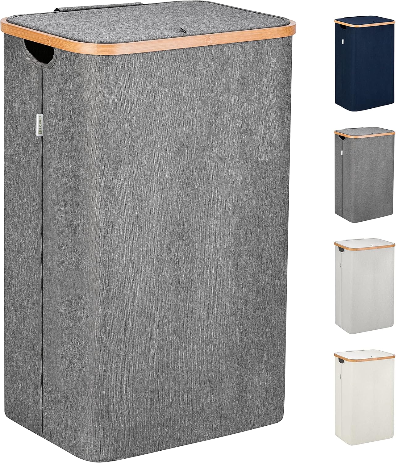 Cesta de lavandería gris con tapa  XL 100 L  Cestas grandes para lavandería con asas  Contenedor alto de bambú para ropa sucia  Cesta de papel