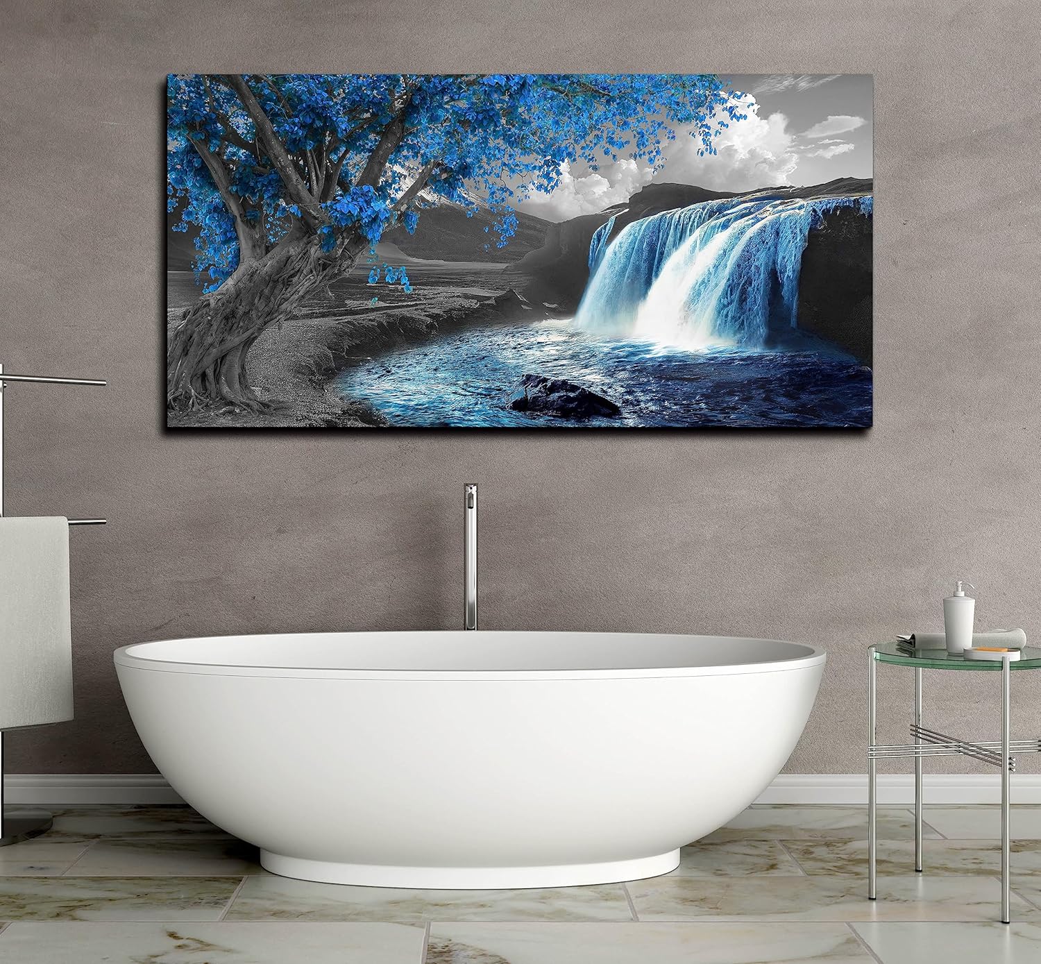 Lienzo de paisaje natural para sala de estar, cuadros de cascada para pared, decoración de pared de árbol azul, listo para colgar, tamaño 60 x 30