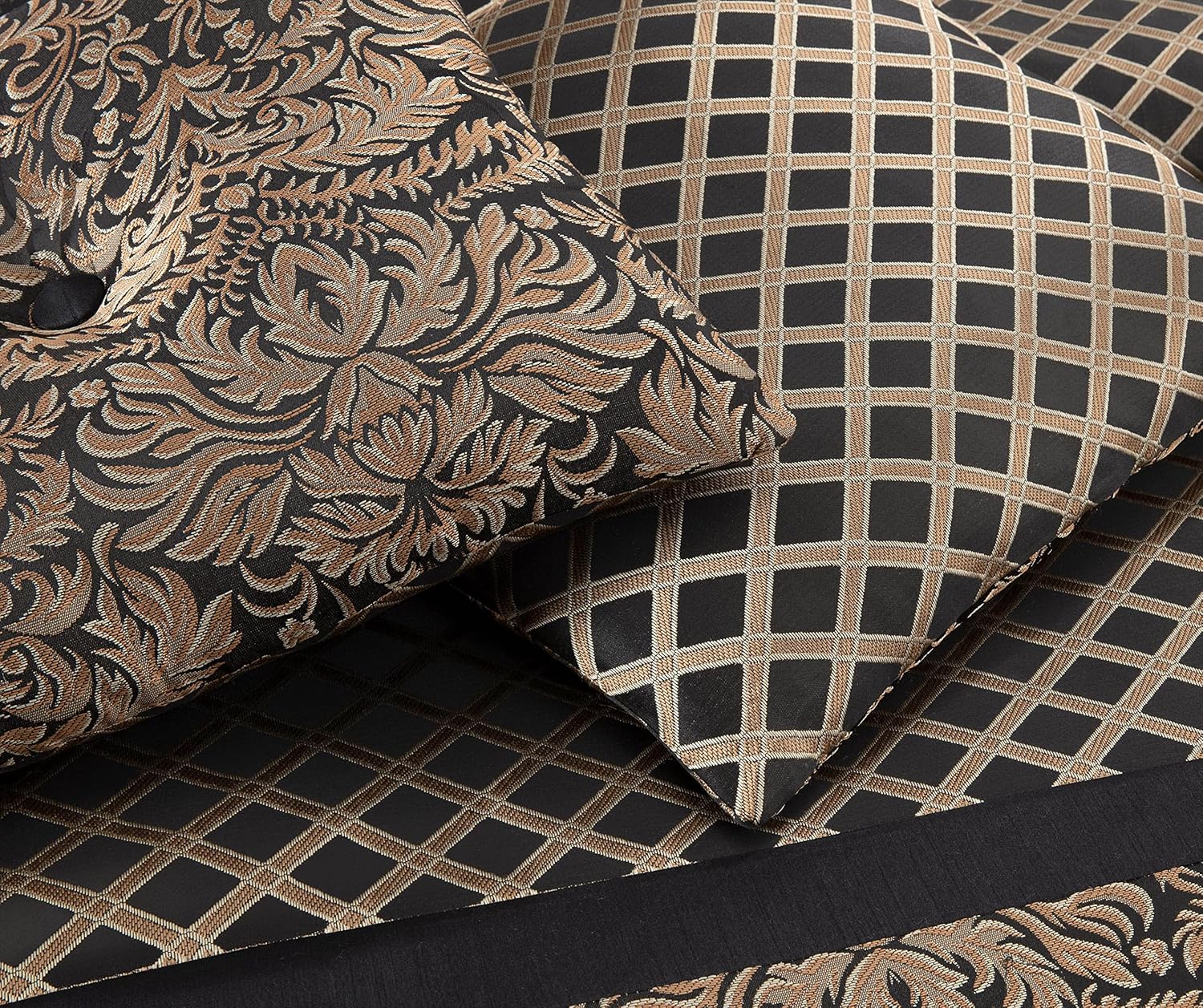 Chezmoi Collection Juego de edredón tejido jacquard de medallón floral de diamante negrodorado de 7 piezas, tamaño California King
