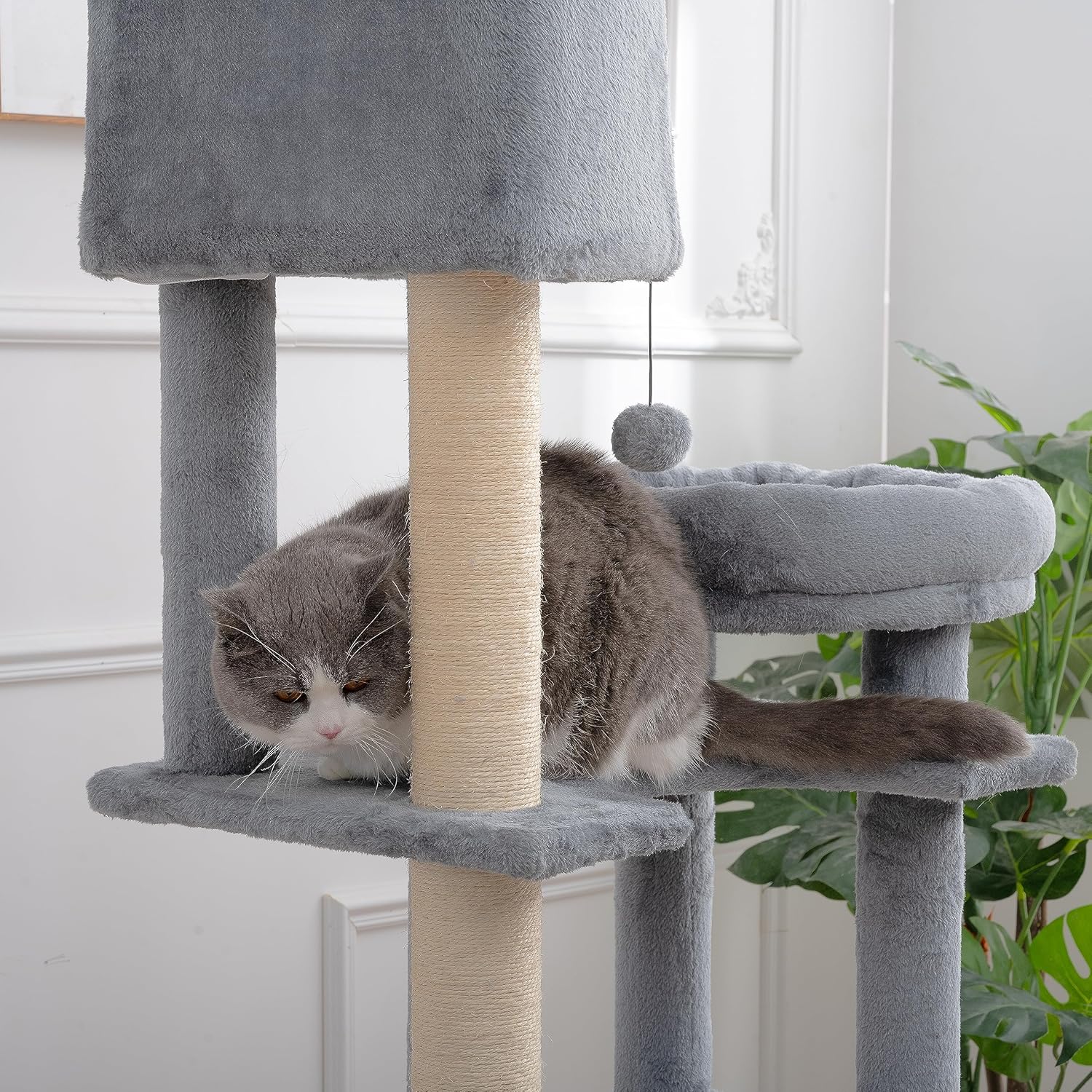 JINTANGLI PET Árbol moderno para gatos, torre grande de varios niveles para gatos con condominio y cesta colgante, árbol alto para gatos con postes