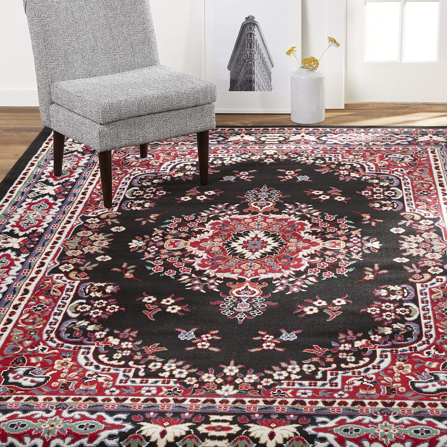 Home Dynamix Premium Sakarya – Tapete tradicional con borde y medallón, negro, tapete rectangular de 5 pies 2 pulgadas x 7 pies 4 pulgadas