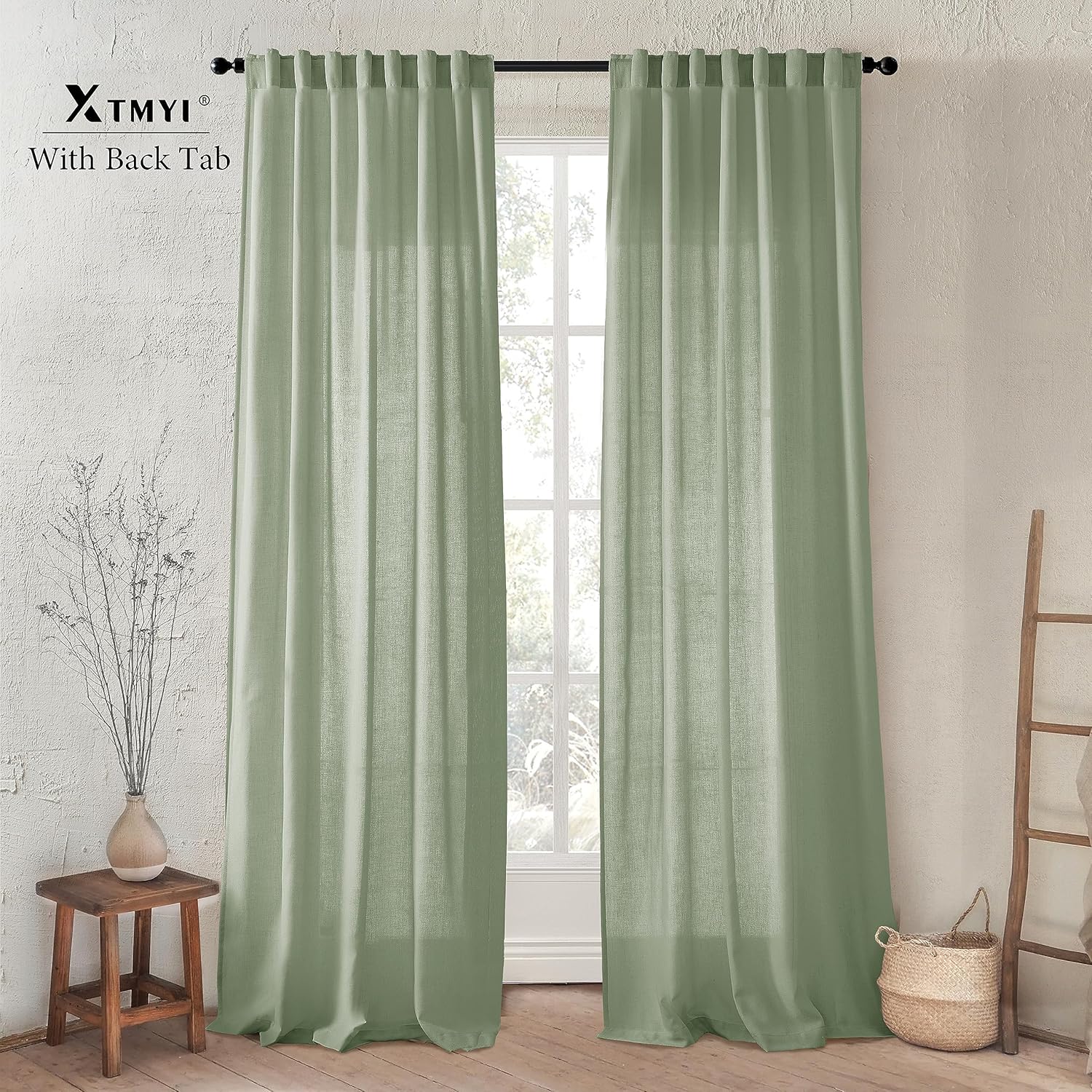 XTMYI Cortinas de lino verde salvia de 84 pulgadas de largo con cortinas opacas de flores silvestres de acuarela verde salvia y gris de 84 pulgadas