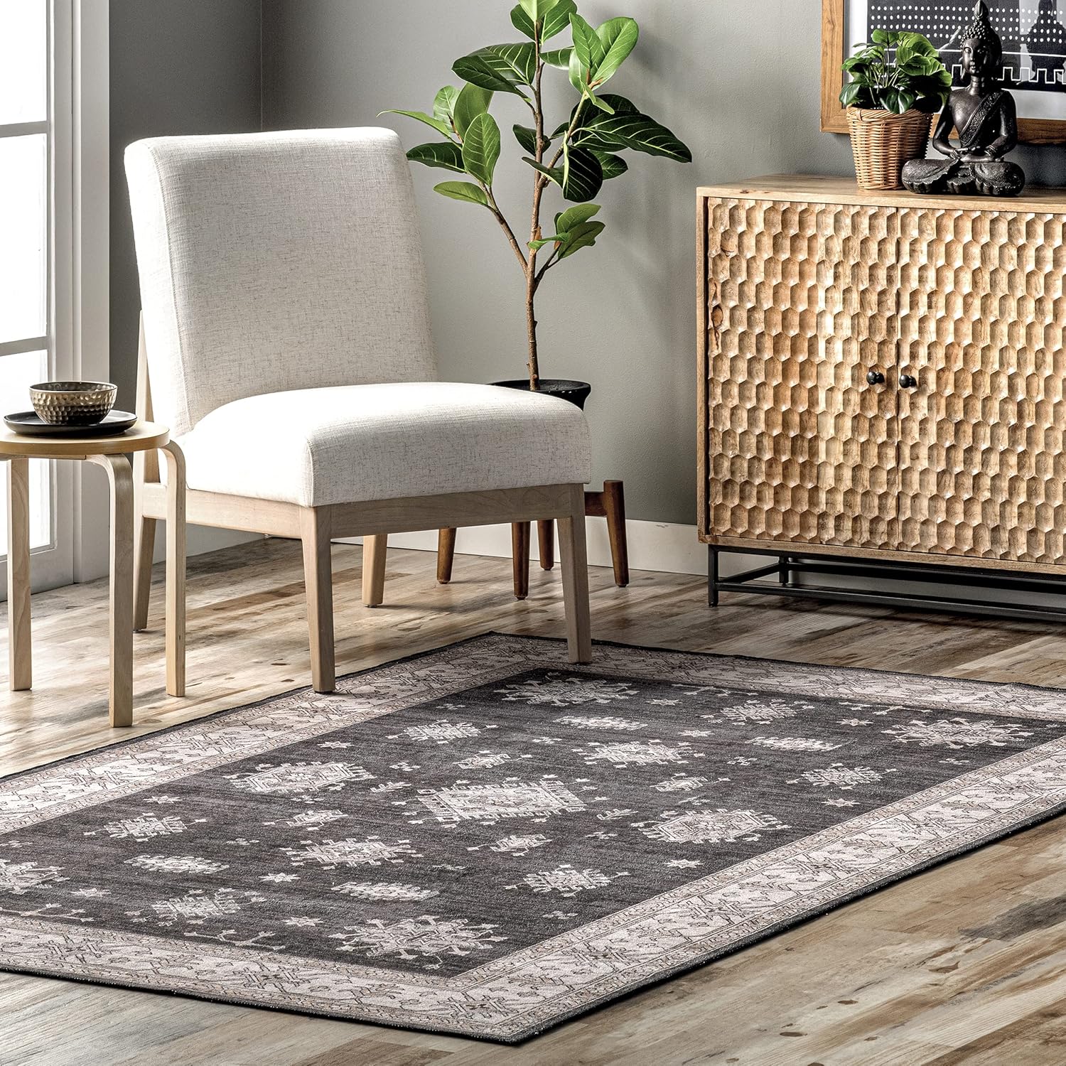nuLOOM Mollie – Alfombra ultrafina con borde tradicional lavable a máquina, 6 pies, redonda, color carbón