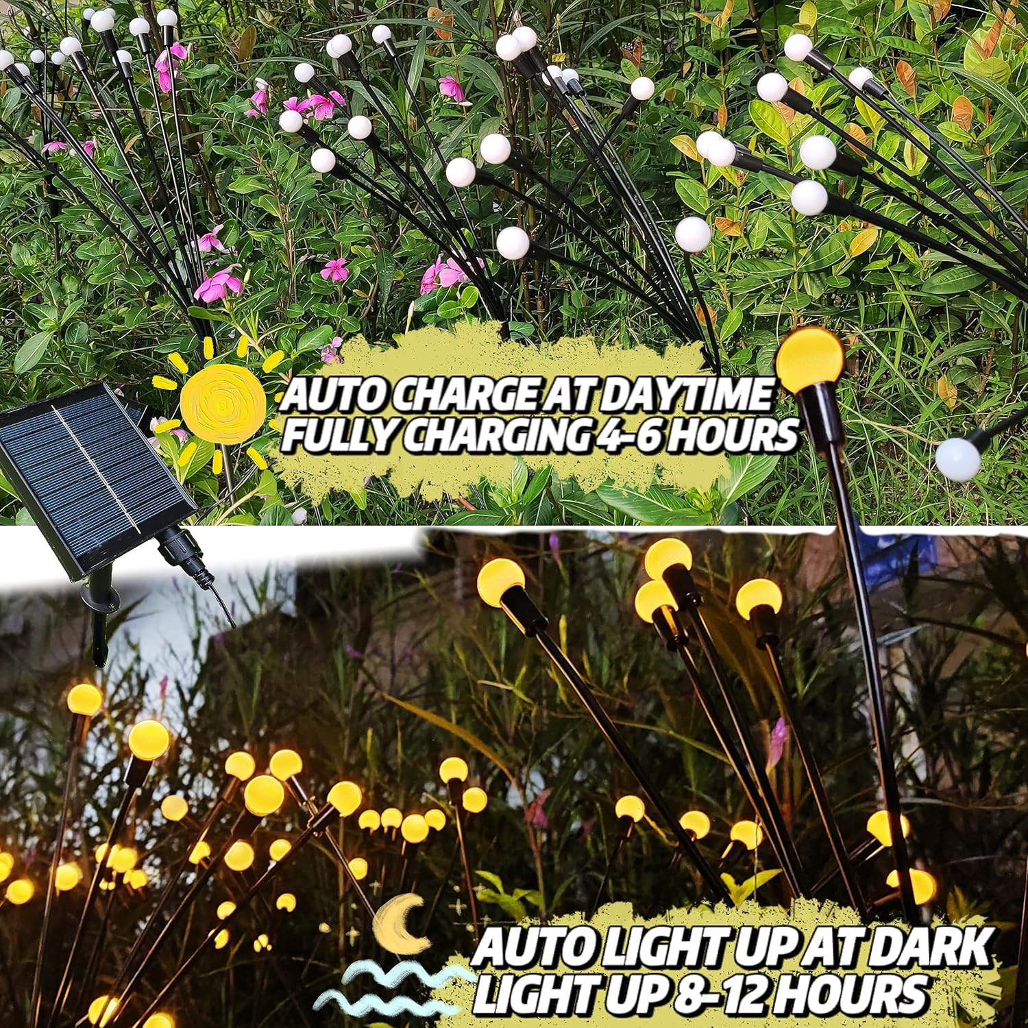 FBSPORT Luces solares de luciérnaga para jardín, paquete de 6 48 luces LED solares para exteriores, impermeables, luces solares de luciérnaga para