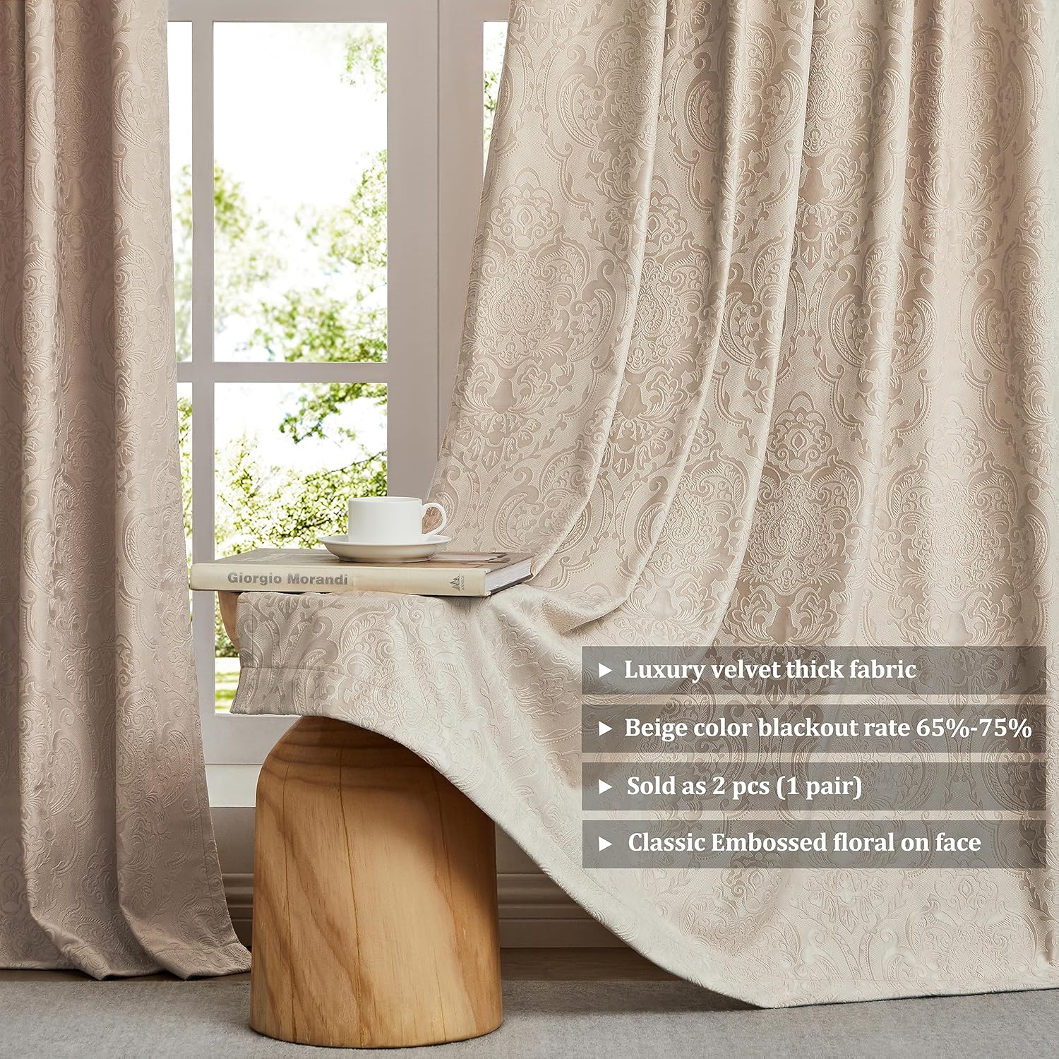 GIGIZAZA Cortinas de terciopelo beige de 84 pulgadas de largo para sala de estar, 2 paneles de cortinas bohemias de lujo con estampado de flores en