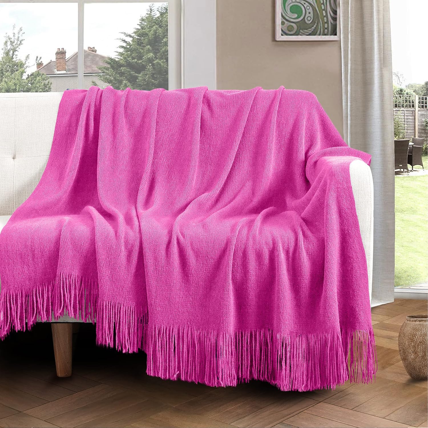 Vonty Manta de punto rosa intenso con borlas y flecos, 60 x 80 pulgadas, manta de punto súper suave, manta ligera decorativa de granja para sofá,