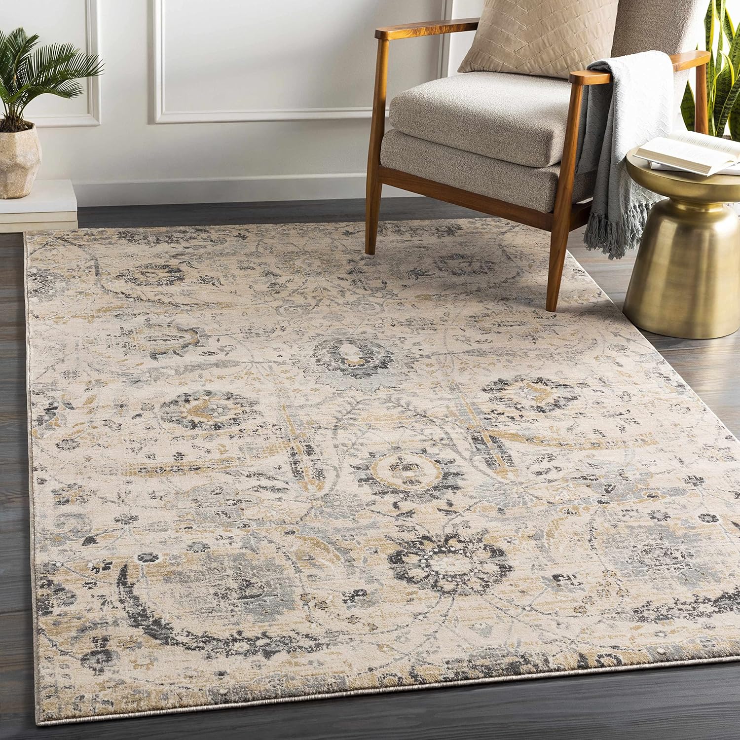 Hauteloom Sunnyside – Alfombra rústica de área grande para sala de estar, dormitorio, comedor, estilo persa, aspecto floral tradicional, gris medio