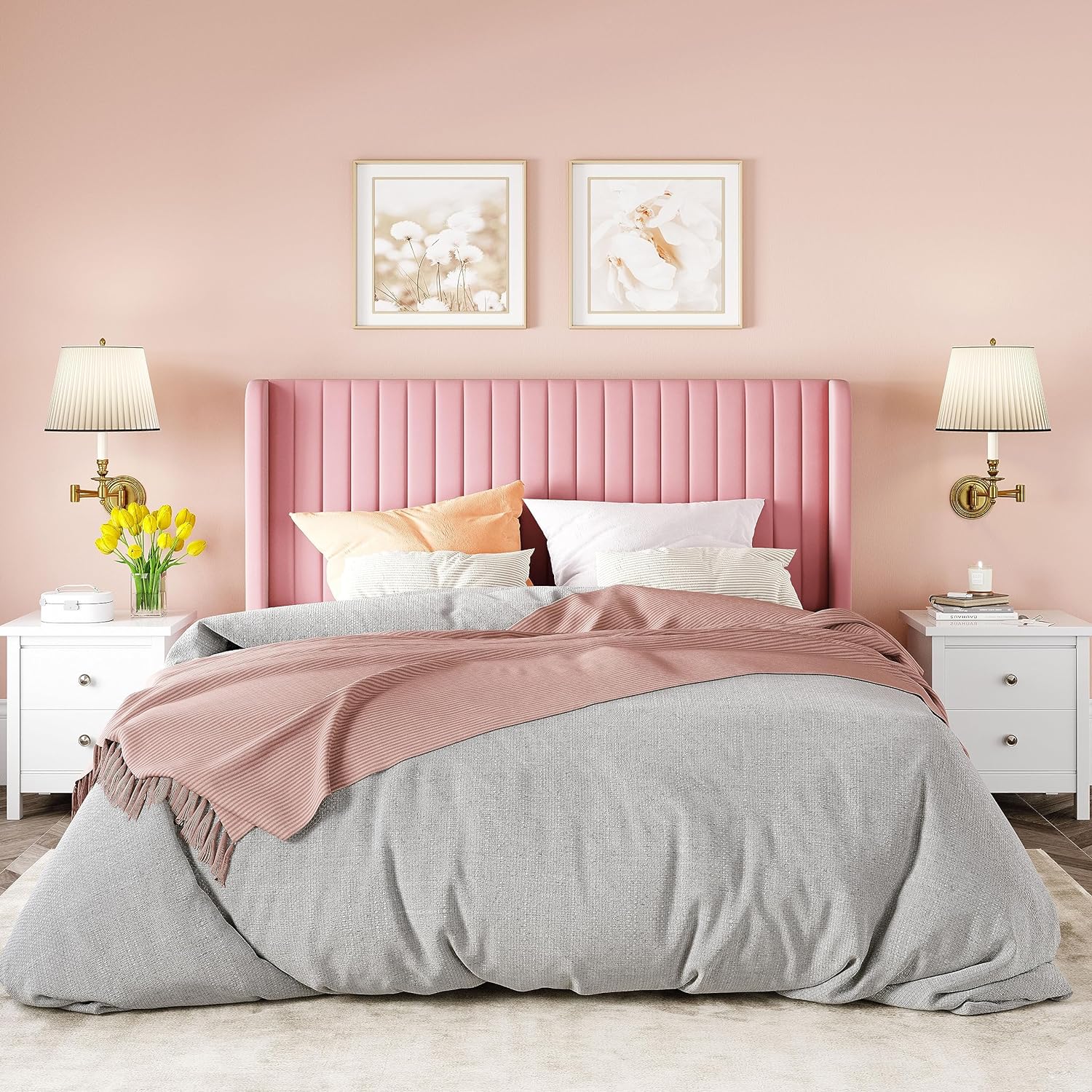 Allewie Marco de cama de terciopelo de tamaño matrimonial, cabecera capitoné vertical con respaldo de alas, plataforma tapizada, listones de madera