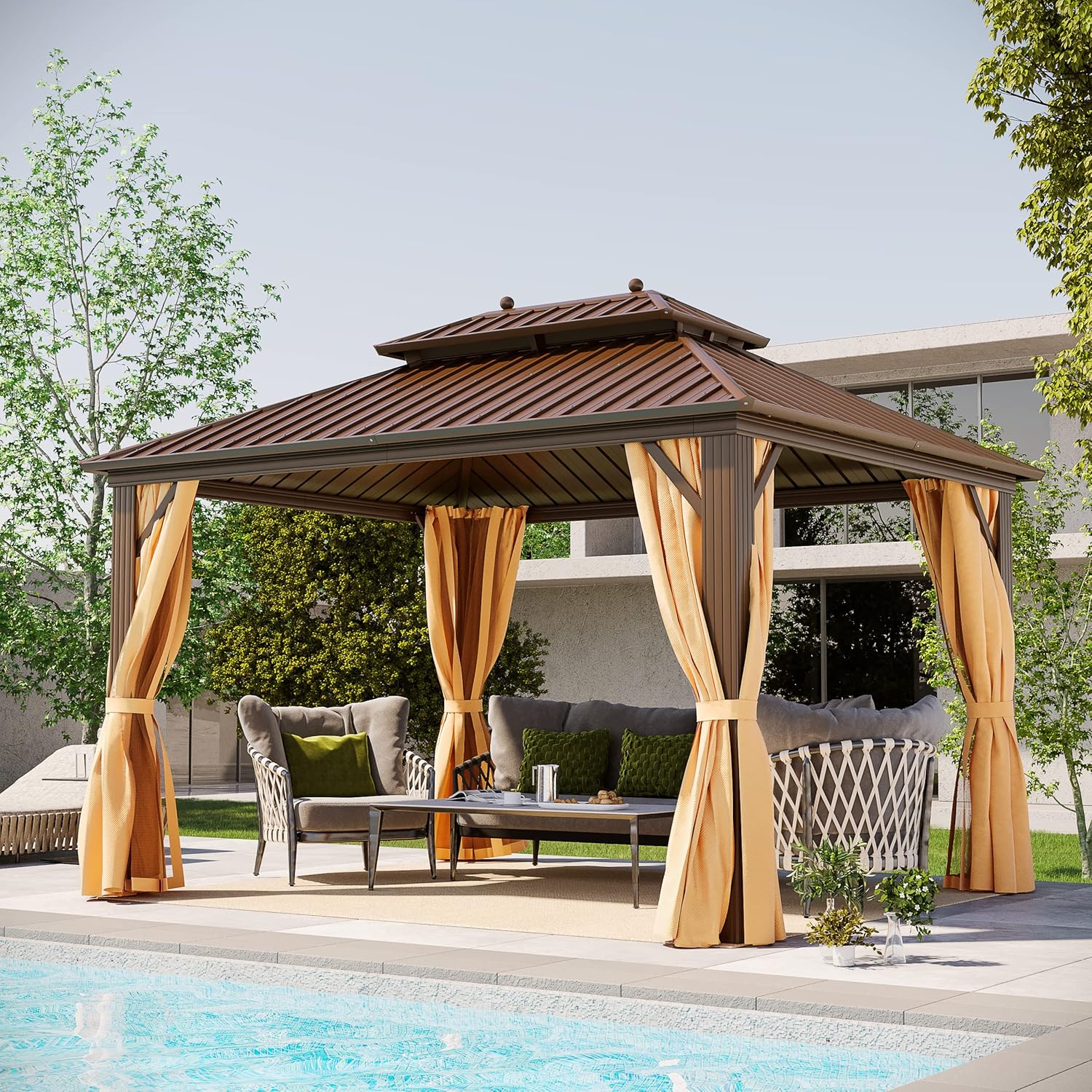 Cenador permanente de techo rígido de 10 x 12 pies, toldo de pérgola de pabellón de doble techo de acero galvanizado para exteriores, con marco de