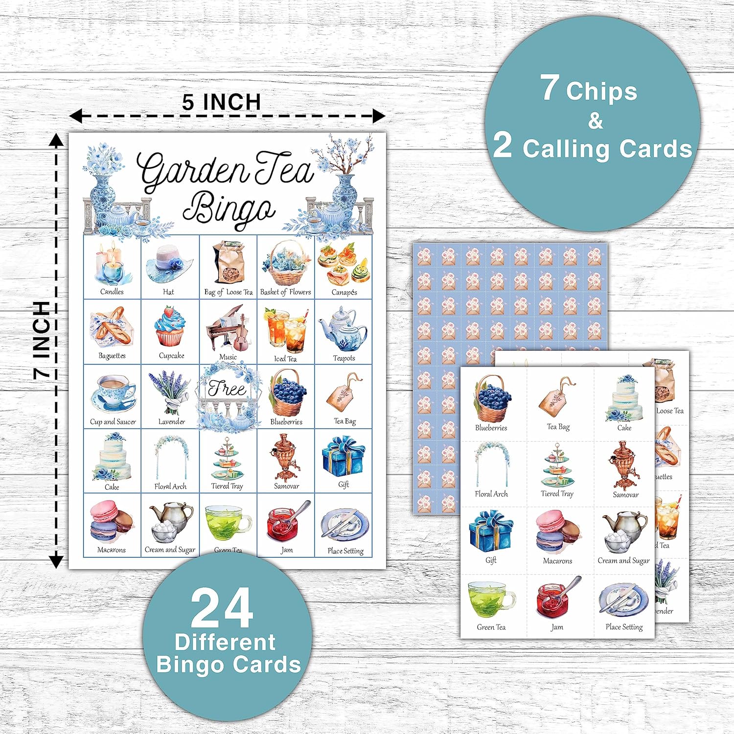 KFNER Juego de bingo de té de jardín, tarjeta de bingo para fiesta de té, juego de bingo para 24 jugadores, actividades en interiores y exteriores,