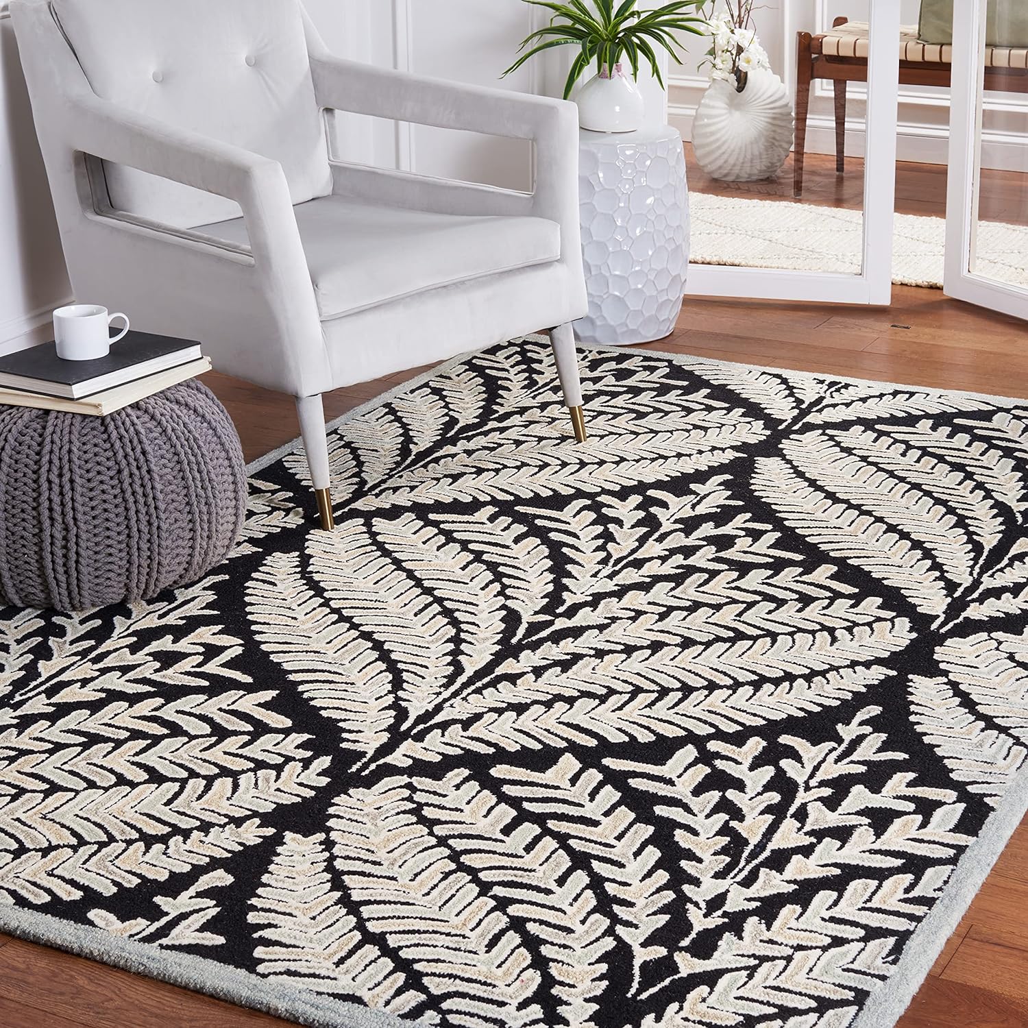 Safavieh Capri Collection – Alfombra cuadrada de 3 pies, color negro y marfil, lana hecha a mano, ideal para zonas de alto tráfico en sala de estar,