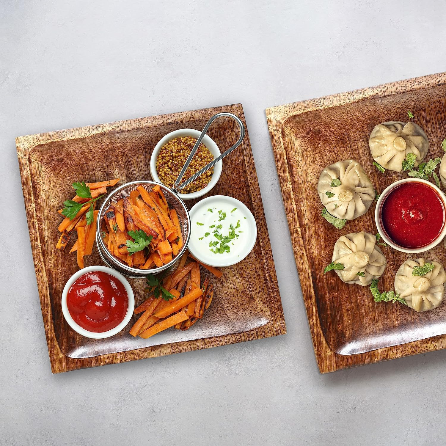 Platos de madera, platos llanos juego de 2, platos cuadrados para servir, platos de queso de madera de mango, bandeja para servir té y café, platos