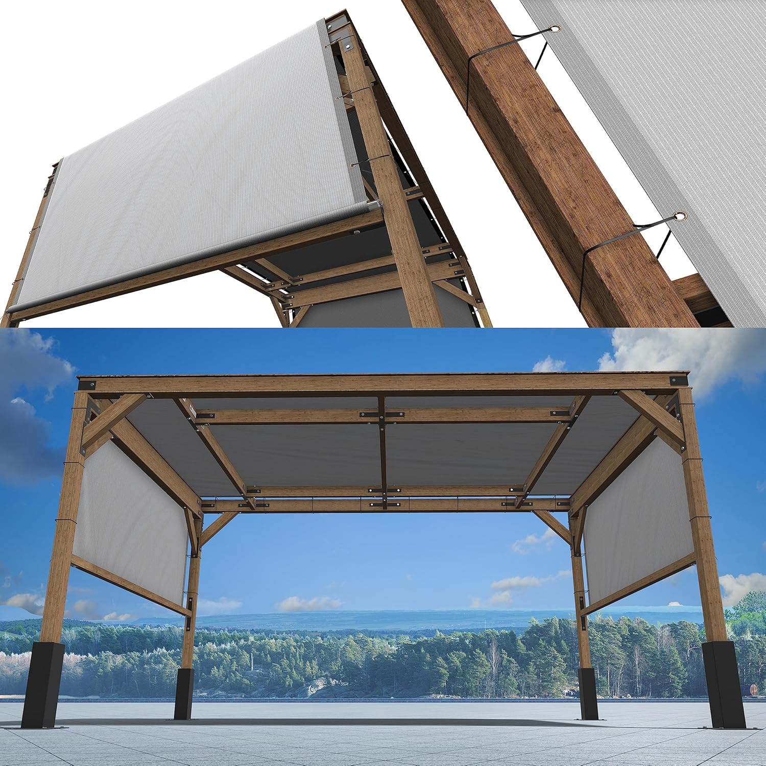 ShadeMart Cubierta de pérgola gris de 8 pies de ancho x 12 pies de largo, con varillas y ojales de acero inoxidable con peso de acero inoxidable,