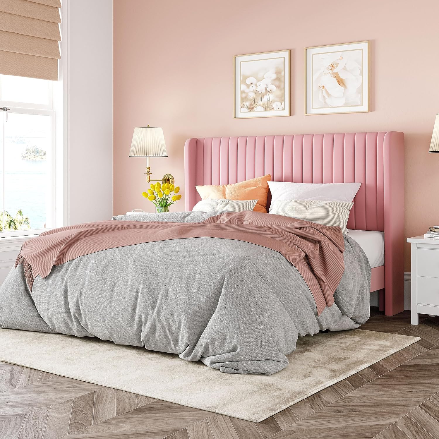 Allewie Marco de cama de terciopelo de tamaño matrimonial, cabecera capitoné vertical con respaldo de alas, plataforma tapizada, listones de madera