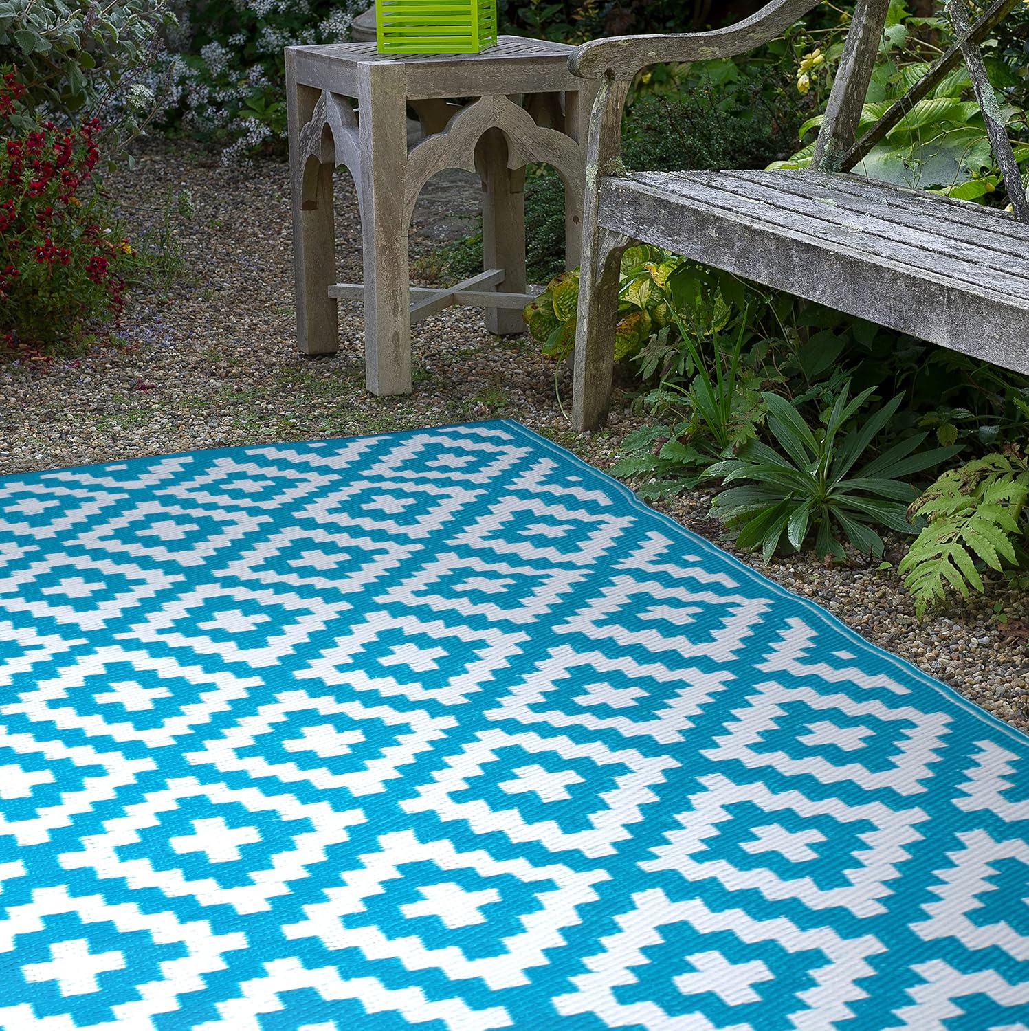 FH Home – Alfombra para exteriores, impermeable, resistente a la decoloración, reversible, plástico reciclado de alta calidad, acabado geométrico