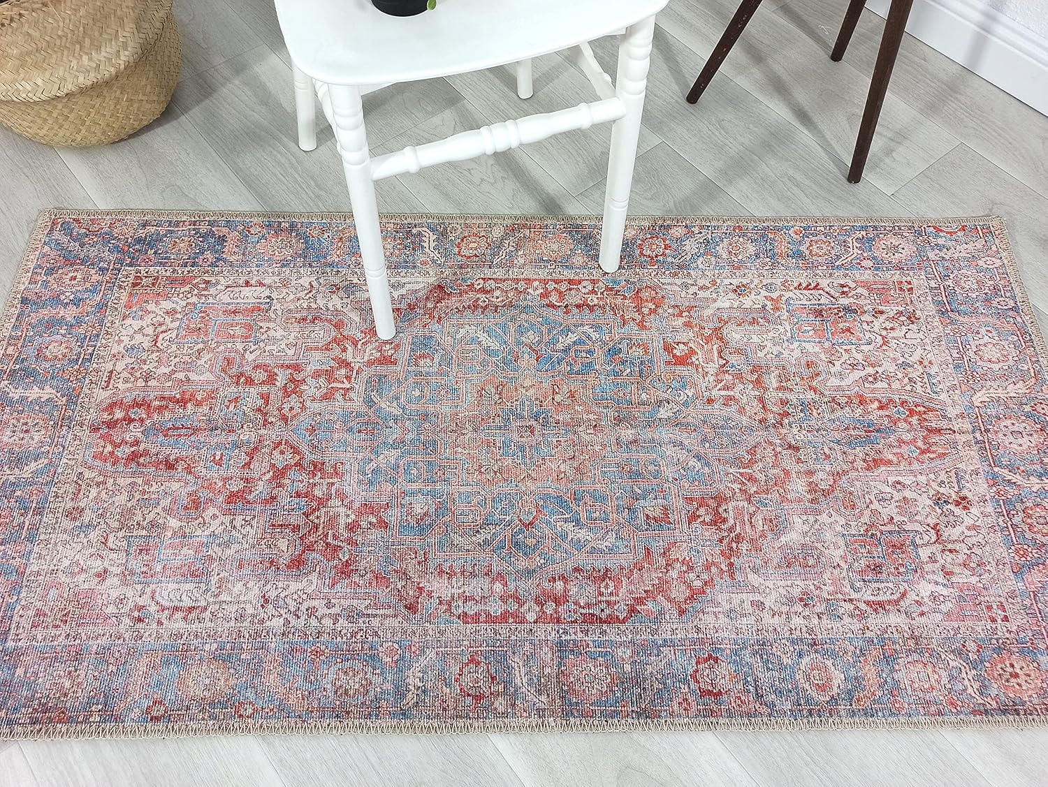 Fame Rugs Alfombras bohemias vintage para sala de estar, dormitorio, terracota, rojo, beige, azul cielo, 2 x 3 pies
