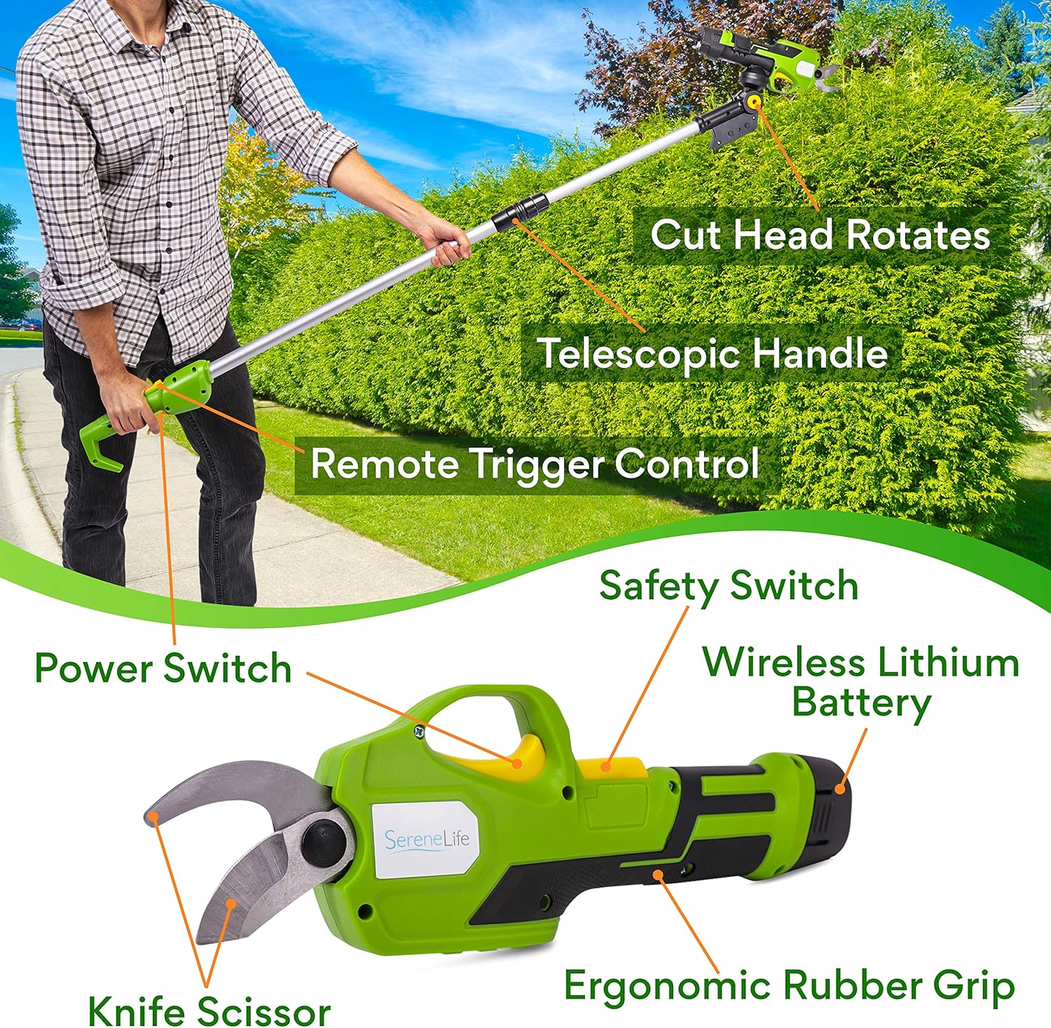 Serenelife Tijeras de podar inalámbricas y cortador de ramas  Podadora eléctrica con mango telescópico para 6 pies de alcance  Batería recargable y