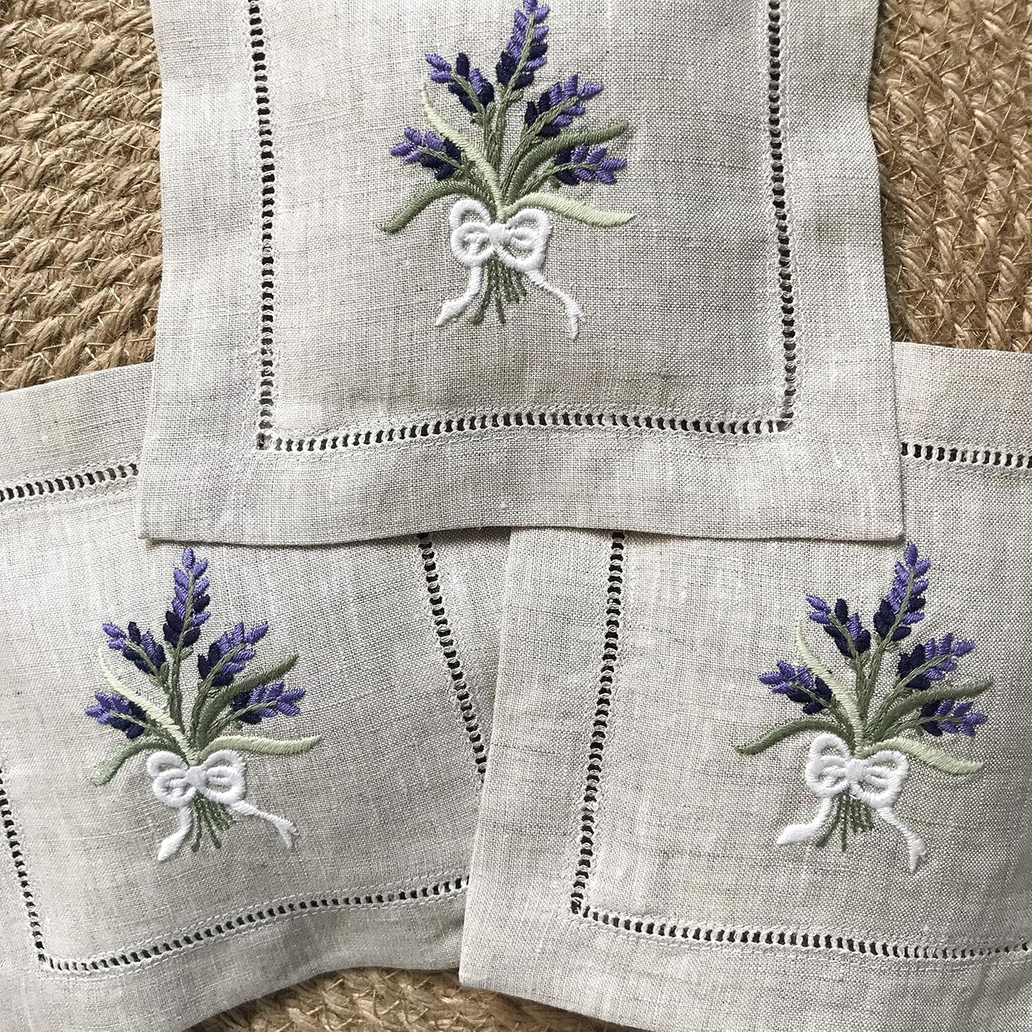 Minhcraft Bolsa de bolsita de lavanda bordada a mano de lino natural de 6 x 6 pulgadas, juego de 3
