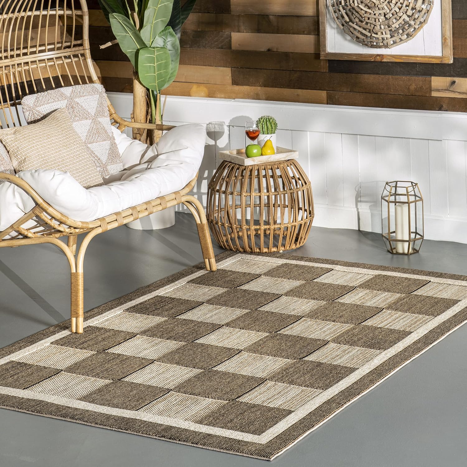 nuLOOM Lavonia – Alfombra a cuadros para interiores y exteriores, 6 pies 7 pulgadas x 9 pies, color beige