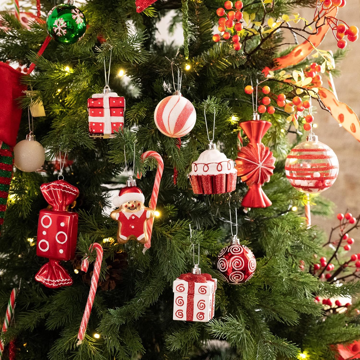 Valery Madelyn Juego de adornos de Navidad, 120 unidades de bastón de caramelo rojo y blanco, juego de decoración de árbol de Navidad inastillable,