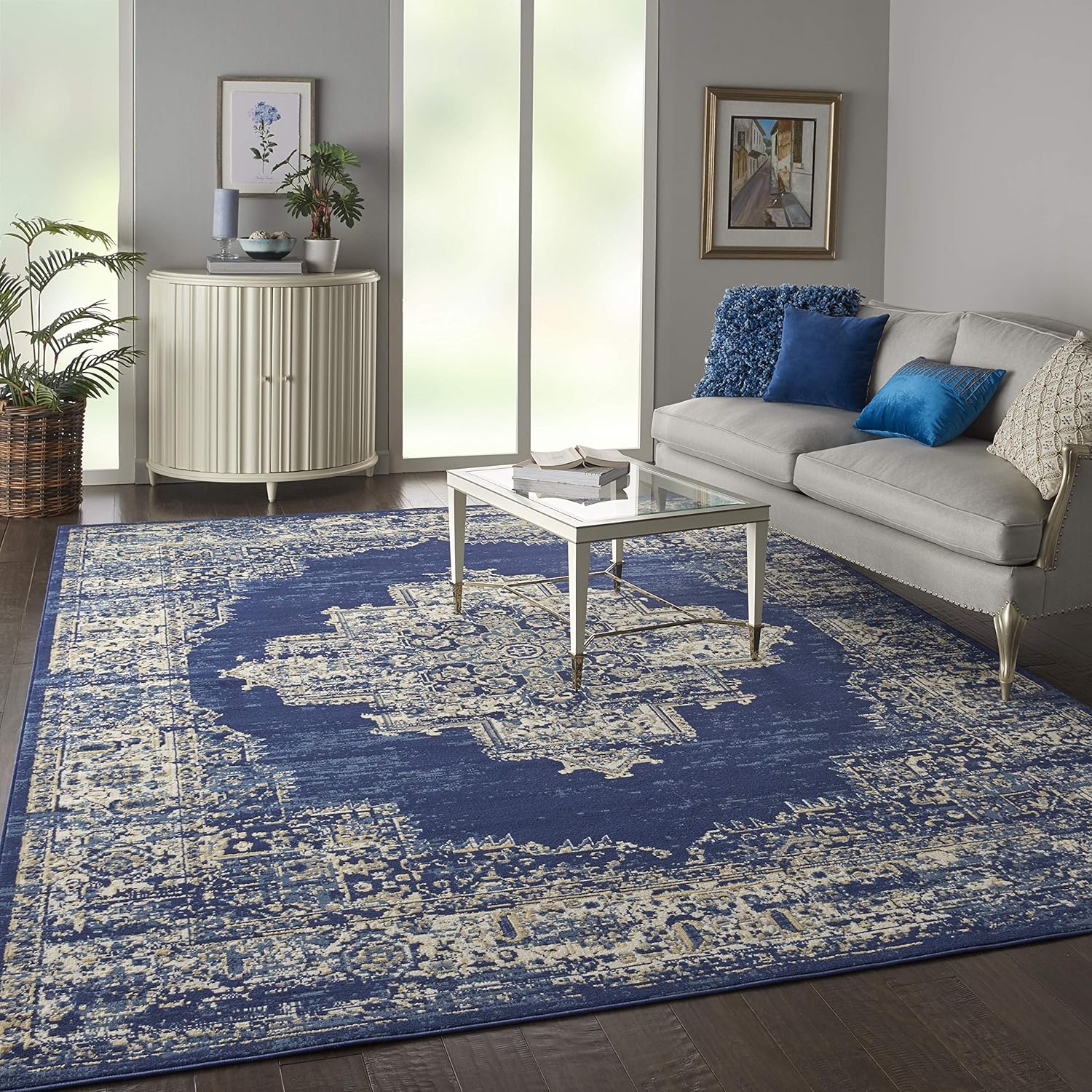 Nourison Grafix – Alfombra persa de 8 pies 6 pulgadas x 12 pies, azul marino, fácil de limpiar, no se desprenden hilos, para dormitorio, sala de