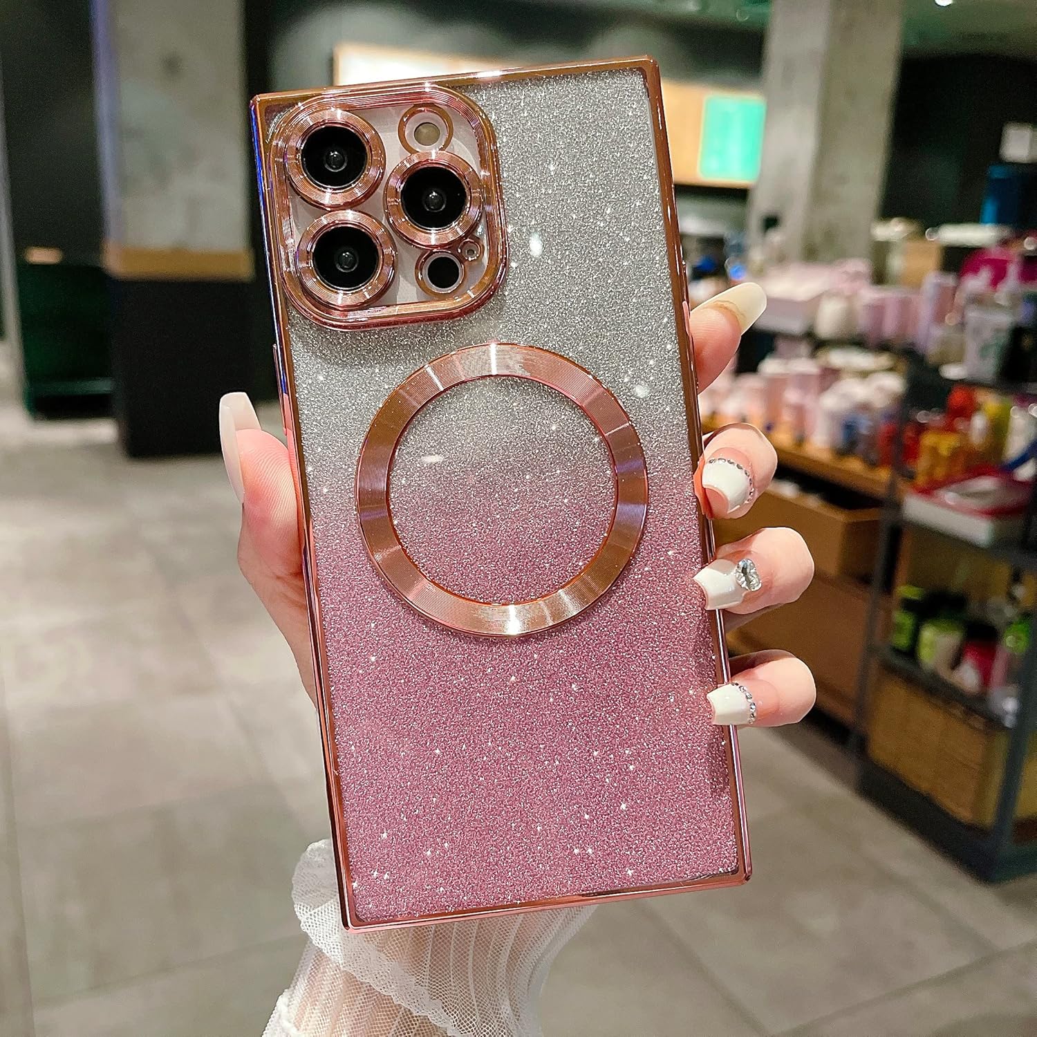 ZIYE Funda cuadrada para iPhone 13 Pro Max magnética con purpurina compatible con MagSafe funda protectora transparente chapada para mujeres y