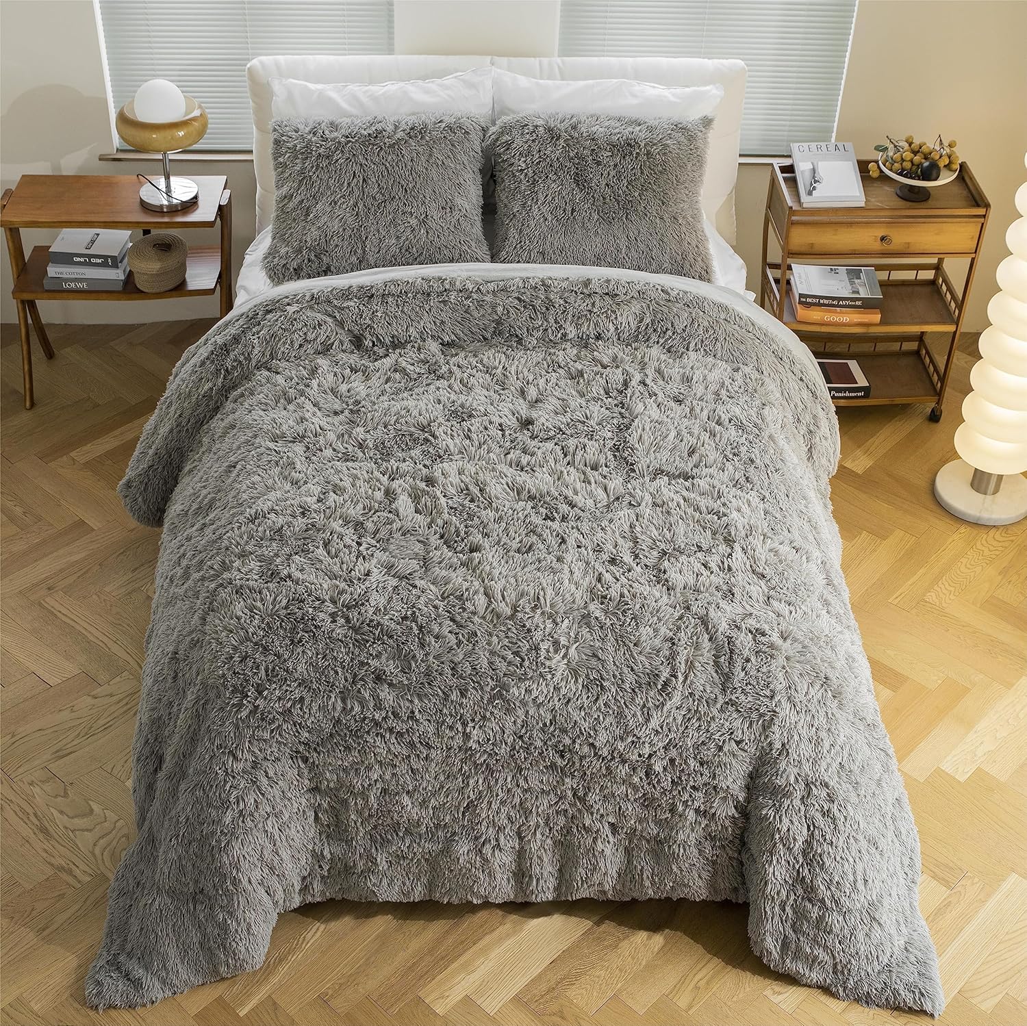 Juego de edredón peludo, tamaño Queen, juego de ropa de cama de pelo sintético esponjoso, juego de ropa de cama de 3 piezas (1 edredón peludo + 2