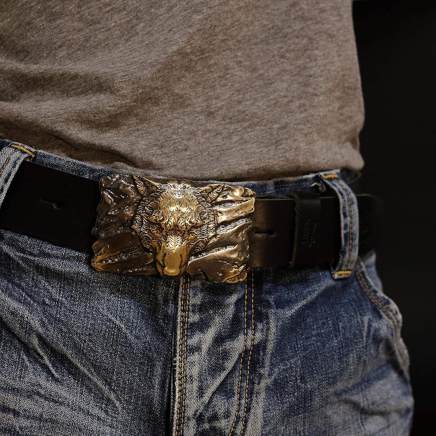 Casual leather belt with buckle Fenrir Wolf, Handmade Old Norse Scandinavian viking mithology werewolf solid brass belt buckle on leather belt
