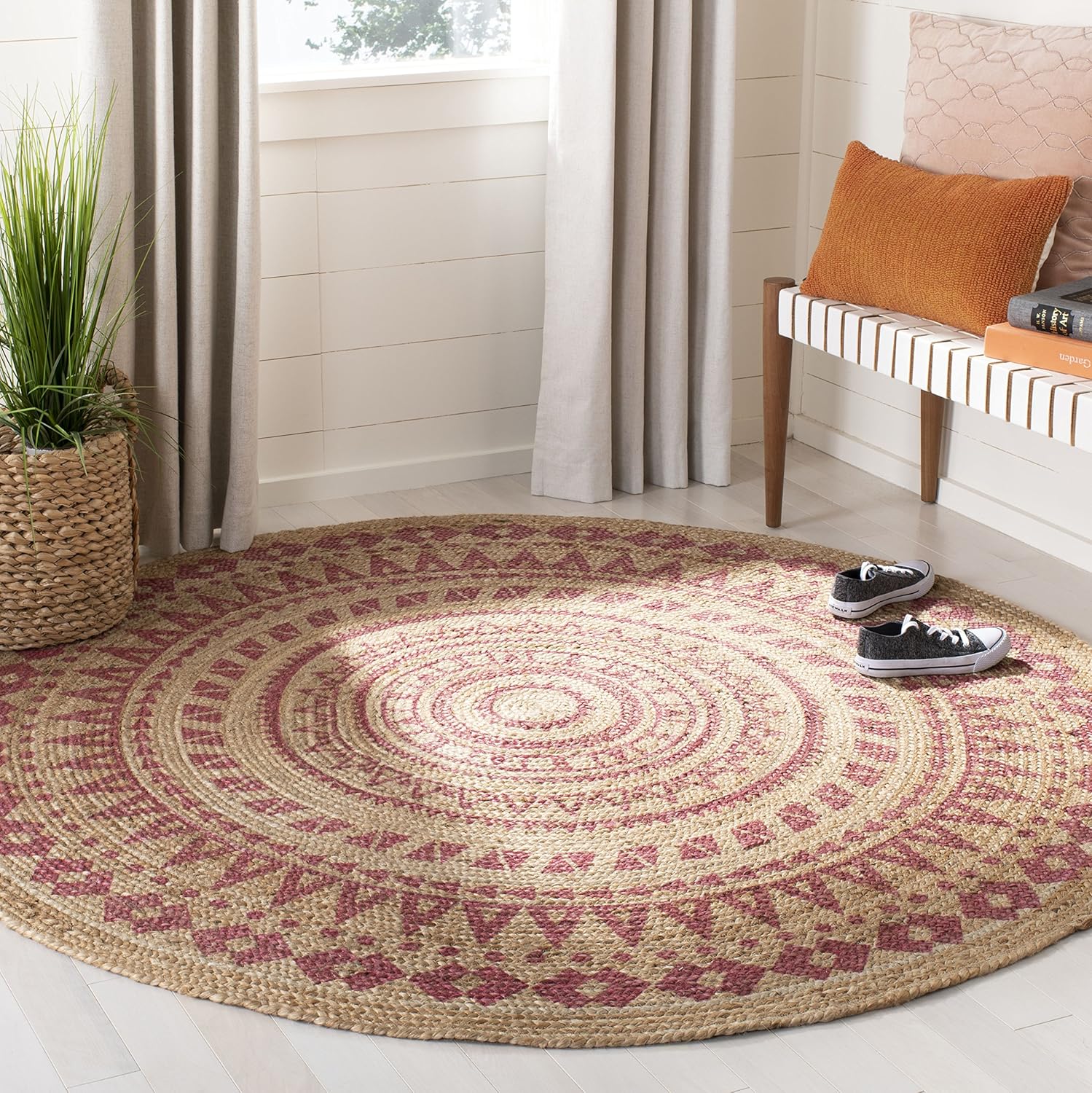 SAFAVIEH Natural Fiber Round Collection NF802P – Alfombra redonda de yute trenzada con mandala de 6 pies, hecha a mano, color rosa