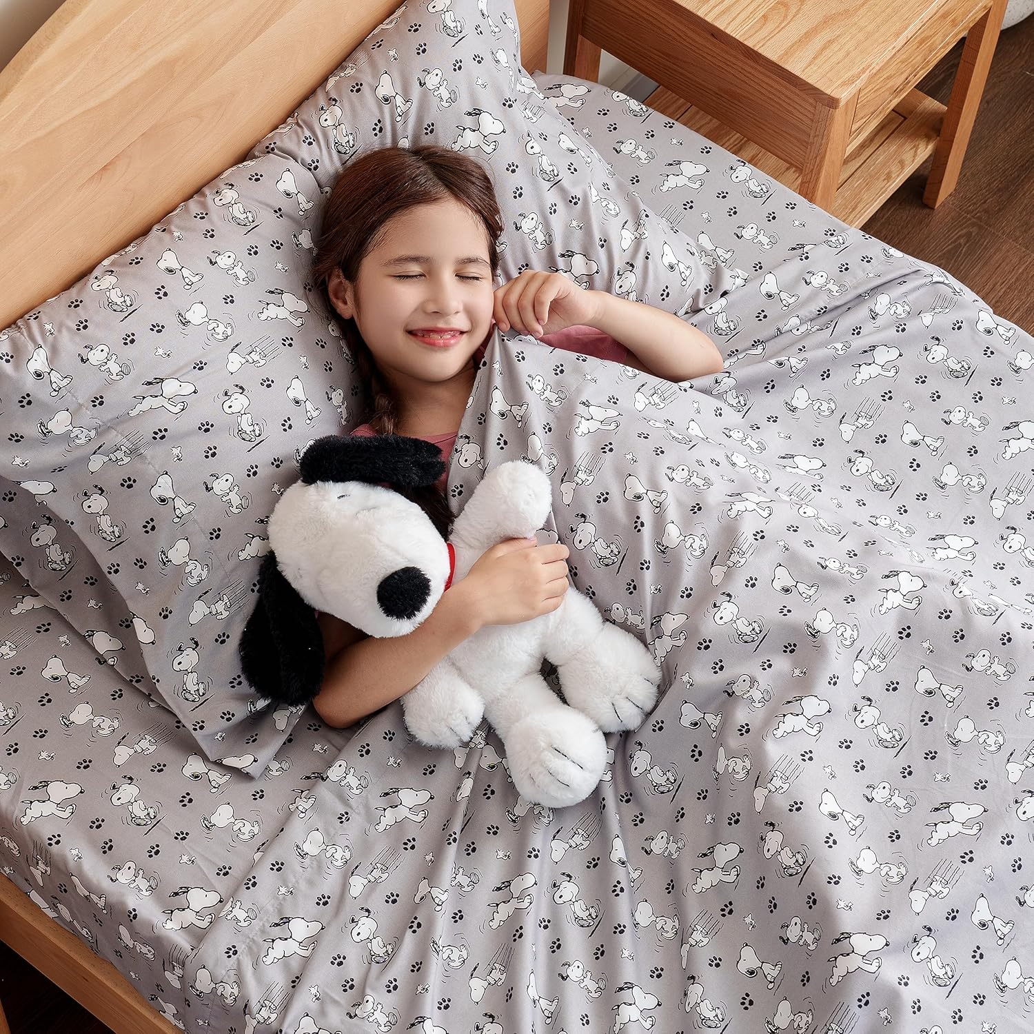 Berkshire Blanket Peanuts – Juego de sábanas para niños, tamaño individual, 3 piezas, Peanuts Mini Poses and Paws Grey, lindo personaje Snoopy