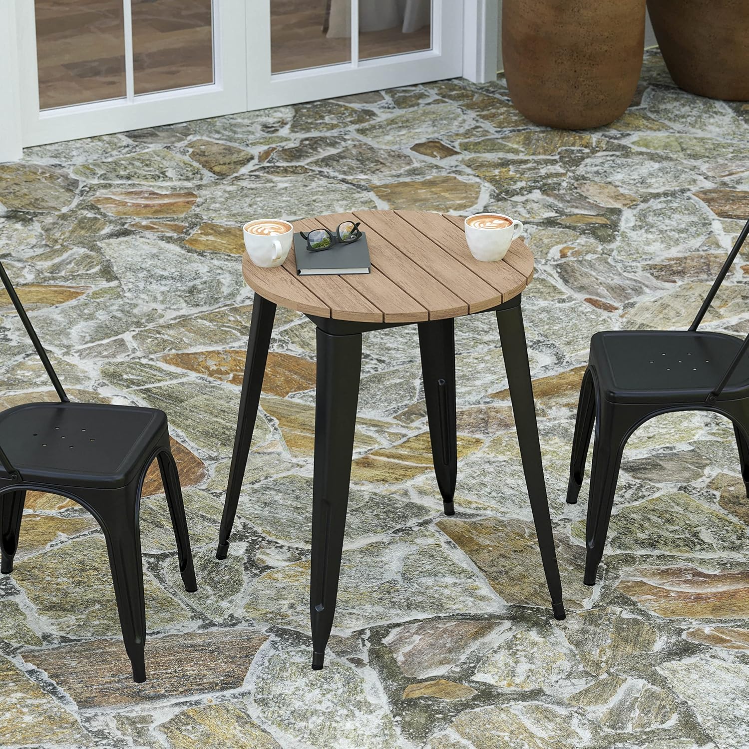 Merrick Lane Dryden – Mesa de comedor con altura de barra para exteriores, parte superior de poliresina para todo tipo de clima con base de acero,