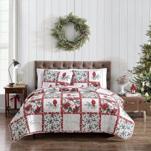 Beatrice Home Fashions Juego de ropa de cama ligera para cama individual, diseño de muérdago, acebo, flor de pascua, rojo, verde, blanco Beatrice Home Fashions Juego de ropa de cama ligera para cama individual, diseño de muérdago, acebo, flor de pascua, rojo, verde, blanco