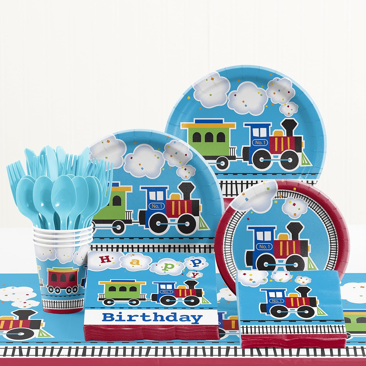 Creative Converting All Aboard Train – Kit de suministros para fiesta de cumpleaños, sirve para 8 personas