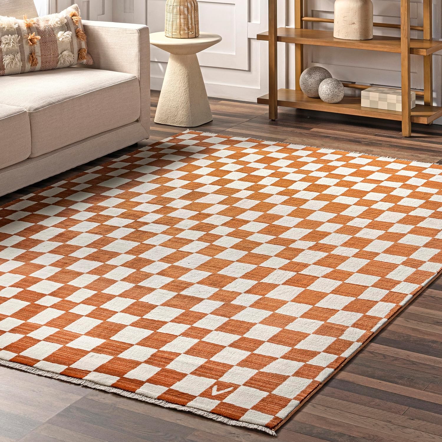 nuLOOM Dominique – Alfombra abstracta con flecos a cuadros, 6 pies 7 pulgadas x 10 pies 2 pulgadas, naranja
